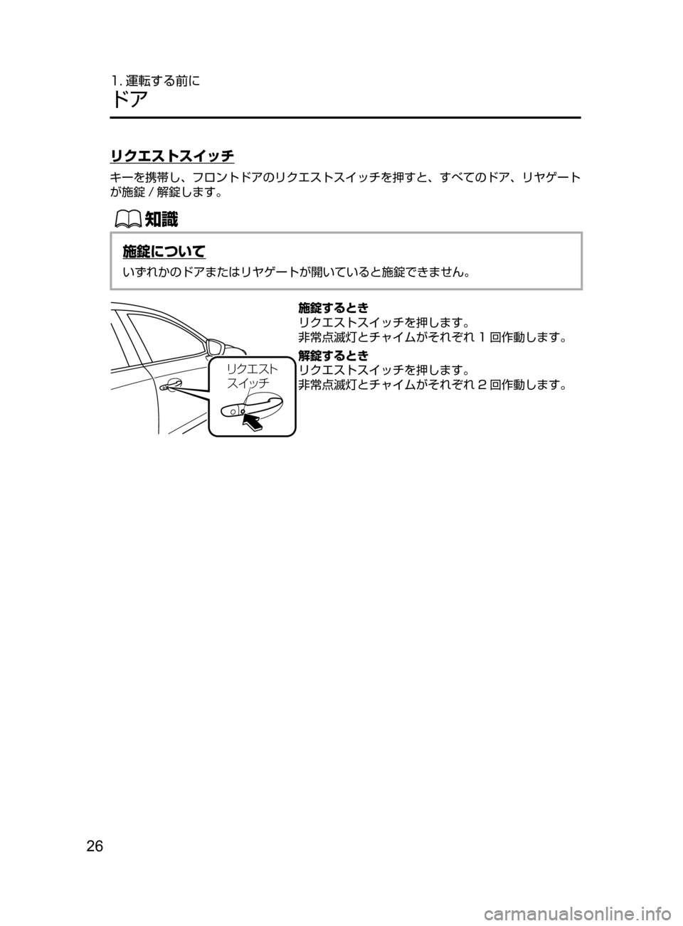 MAZDA MODEL DEMIO 2016  デミオ｜取扱説明書 (in Japanese) 26
1. 運転する前に
ドア
リクエストスイッチ
キーを携帯し､ フロントドアのリクエストスイッチを押すと､ すべてのドア､ リヤゲート
が施錠 / 解