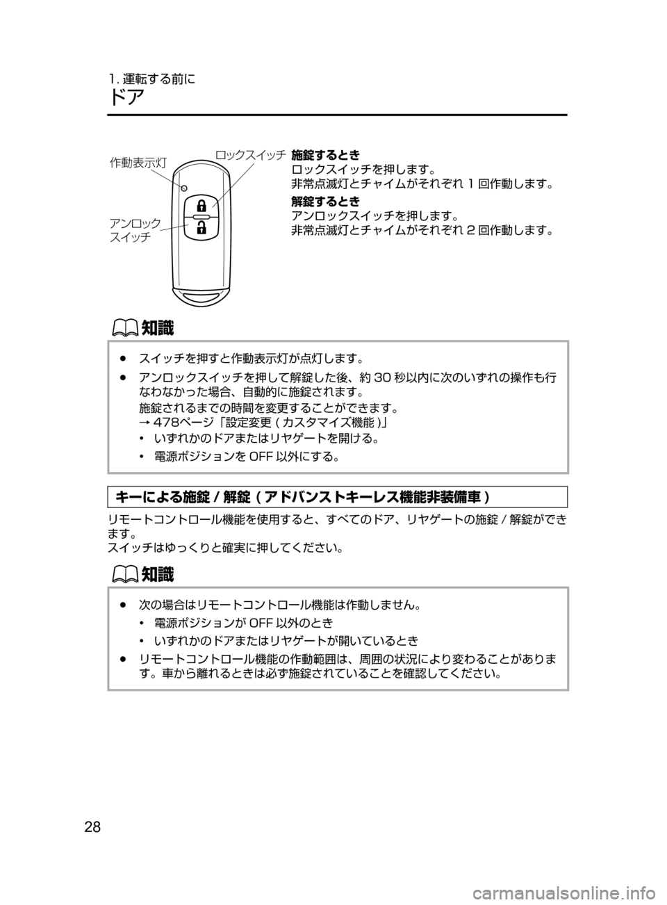 MAZDA MODEL DEMIO 2016  デミオ｜取扱説明書 (in Japanese) 28
1. 運転する前に
ドア
é¿«µ  ¿½
žïé
¿«
µ ¿½
^ˆ
¯Ôn施錠するとき
ロックスイッチを押します。
非常点滅灯とチャイムがそれぞ