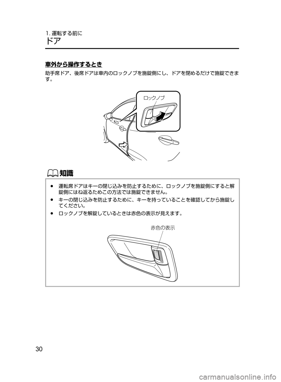 MAZDA MODEL DEMIO 2016  デミオ｜取扱説明書 (in Japanese) 30
1. 運転する前に
ドア
車外から操作するとき
助手席ドア､ 後席ドアは車内のロックノブを施錠側にし､ ドアを閉めるだけで施錠できま
す。
é¿