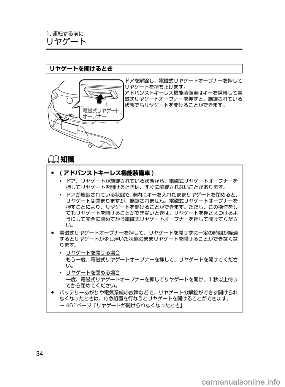 MAZDA MODEL DEMIO 2016  デミオ｜取扱説明書 (in Japanese) 34
1. 運転する前に
リヤゲート
リヤゲートを開けるとき
?ÓÜæà®”Ä
¦” ÓÆ ” ドアを解錠し､ 電磁式リヤゲートオープナーを押して
リヤ