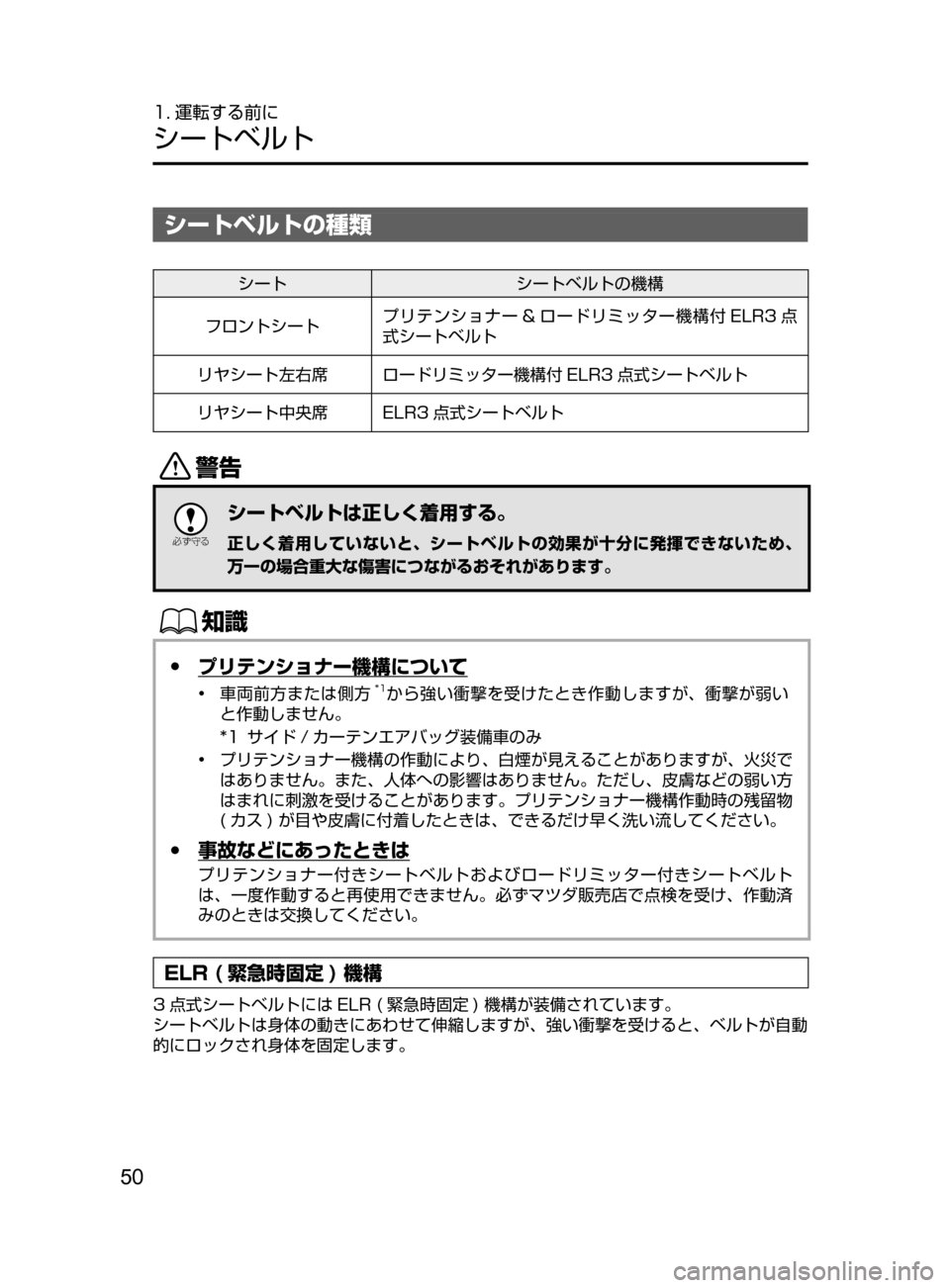 MAZDA MODEL DEMIO 2016  デミオ｜取扱説明書 (in Japanese) 50
1. 運転する前に
シートベルト
シートベルトの種類
シートシートベルトの機構
フロントシート プリテンショナー & ロードリミッター機構付 ELR3 点