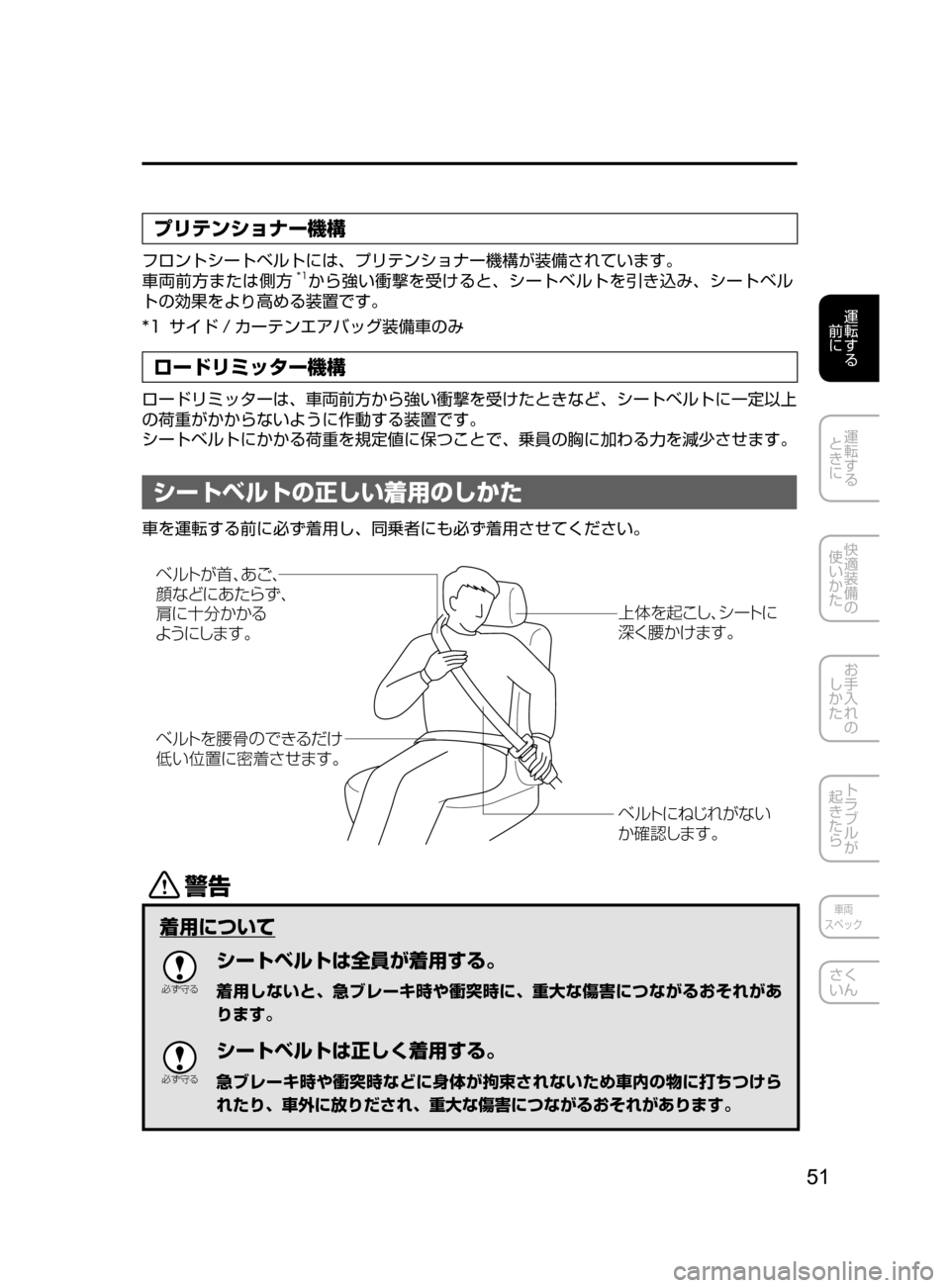 MAZDA MODEL DEMIO 2016  デミオ｜取扱説明書 (in Japanese) 51
運転する
﻿﻿
前に
運転する
﻿﻿
ときに
快適装備の
使いかた
お手入れの
しかた
トラブルが
起きたら
車両
スペック
さく
いん
プリテンショナ