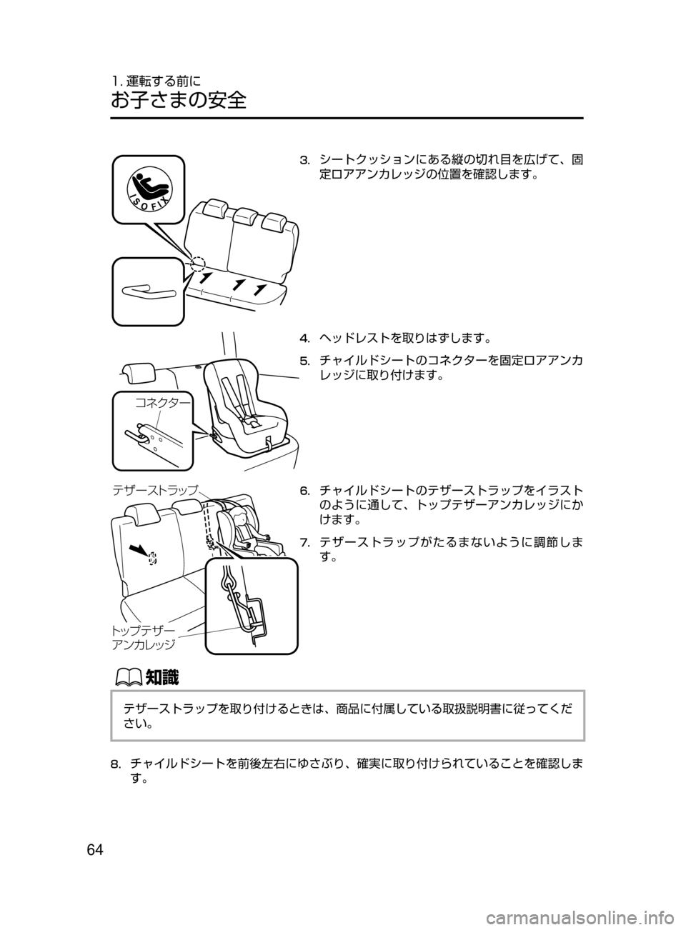 MAZDA MODEL DEMIO 2016  デミオ｜取扱説明書 (in Japanese) 64
1. 運転する前に
お子さまの安全
3.	シートクッションにある縦の切れ目を広げて､ 固
定ロアアンカレッジの位置を確認します。
¯É«» ”
4.	ヘ