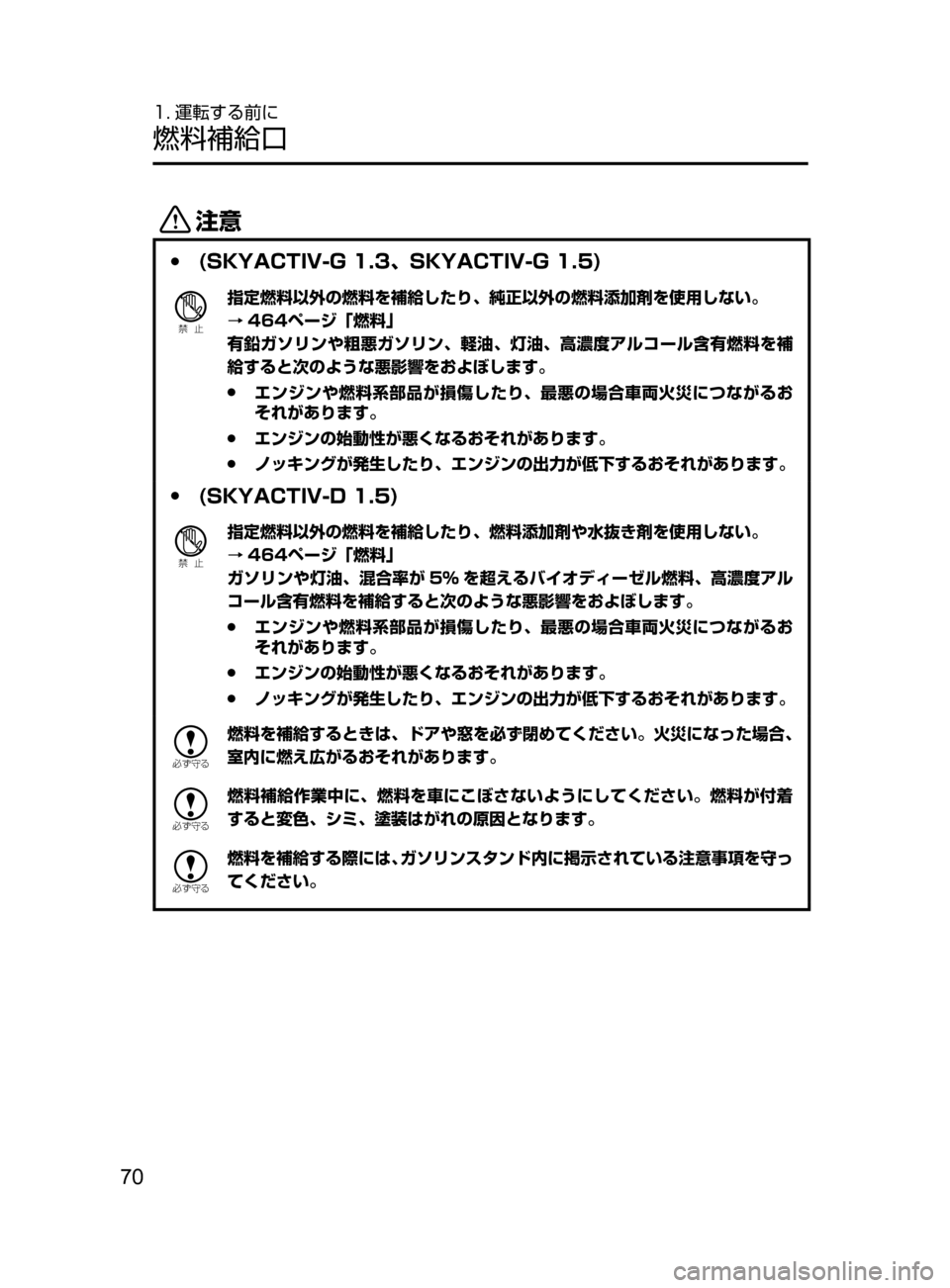 MAZDA MODEL DEMIO 2016  デミオ｜取扱説明書 (in Japanese) 70
1. 運転する前に
燃料補給口
«™
 ●(SKYACTIV-G 1.3､ SKYACTIV-G 1.5)
Ð��­
指定燃料以外の燃料を補給したり､ 純正以外の燃料添加剤を使用しな