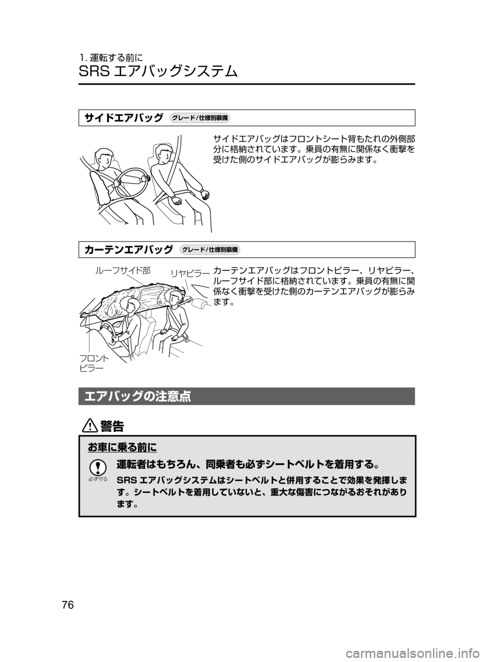 MAZDA MODEL DEMIO 2016  デミオ｜取扱説明書 (in Japanese) 76
1. 運転する前に
SRS エアバッグシステム
サイドエアバッグ¬è”Å�“7
÷
‹����
サイドエアバッグはフロントシート背もたれの外側部
分に