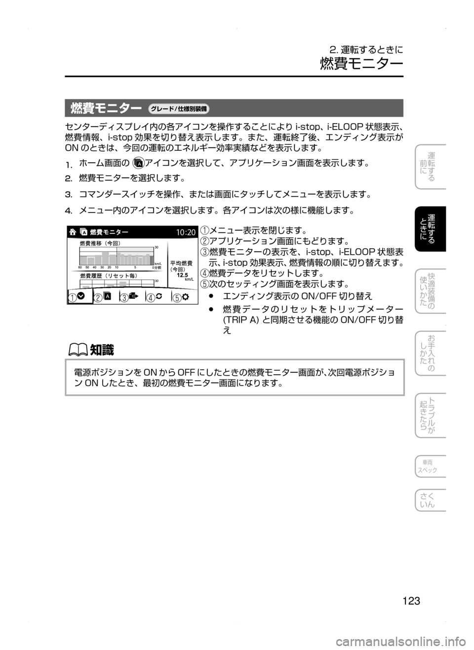 MAZDA MODEL DEMIO 2014  デミオ｜取扱説明書 (in Japanese) 123
運転する
﻿﻿
前に
運転する
﻿﻿
ときに
快適装備の
使いかた
お手入れの
しかた
トラブルが
起きたら
車両
スペック
さく
いん
2. 運転するとき