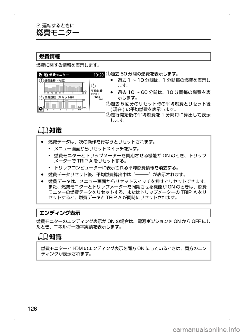 MAZDA MODEL DEMIO 2014  デミオ｜取扱説明書 (in Japanese) 126
2. 運転するときに
燃費モニター
燃費情報
燃費に関する情報を表示します。
過去 60 分間の燃費を表示します。
﻿﻿●過去 1 ～ 10 分間は､ 1 分間