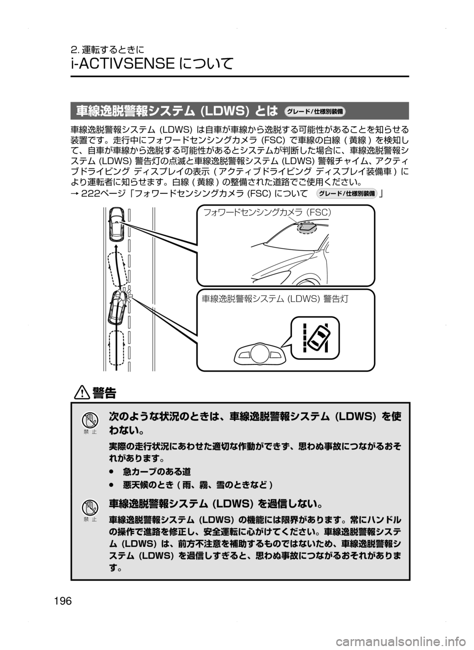 MAZDA MODEL DEMIO 2014  デミオ｜取扱説明書 (in Japanese) 196
2. 運転するときに
i-ACTIVSENSE について
車線逸脱警報システム (LDWS) とは¬è”Å�“7
÷
‹����
車線逸脱警報システム﻿﻿(LDWS)﻿﻿は自 車