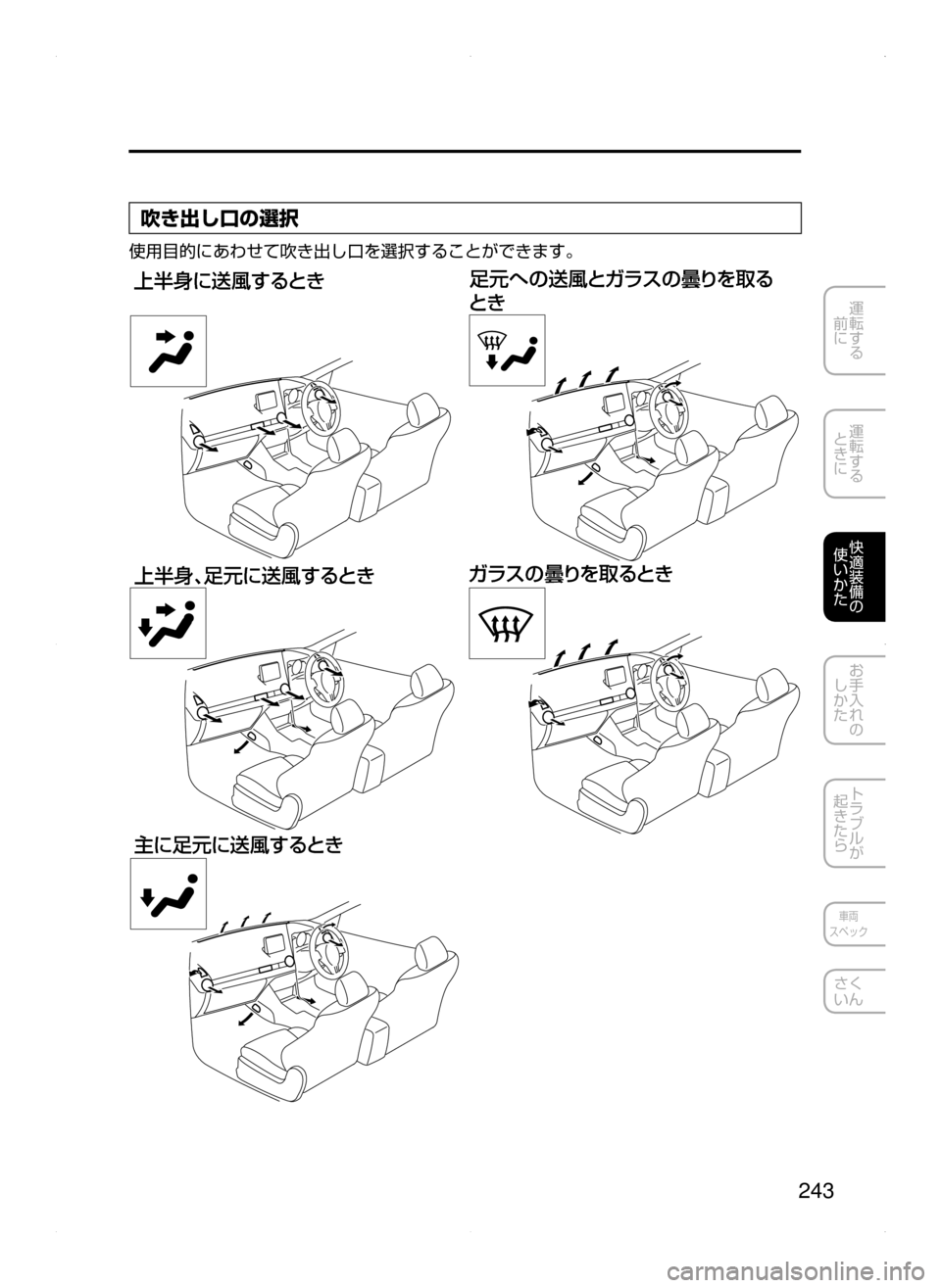 MAZDA MODEL DEMIO 2014  デミオ｜取扱説明書 (in Japanese) 243
運転する
﻿﻿
前に
運転する
﻿﻿
ときに
快適装備の
使いかた
お手入れの
しかた
トラブルが
起きたら
車両
スペック
さく
いん
吹き出し口の選
