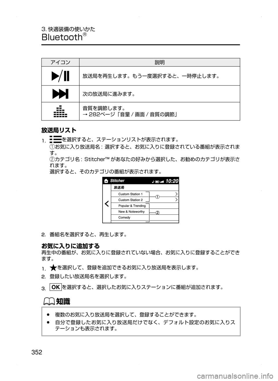MAZDA MODEL DEMIO 2014  デミオ｜取扱説明書 (in Japanese) 352
3. 快適装備の使いかた
Bluetooth®
アイコン説明
放送局を再生します。もう一度選択すると､ 一時停止します。
次の放送局に進みます。
音質を調