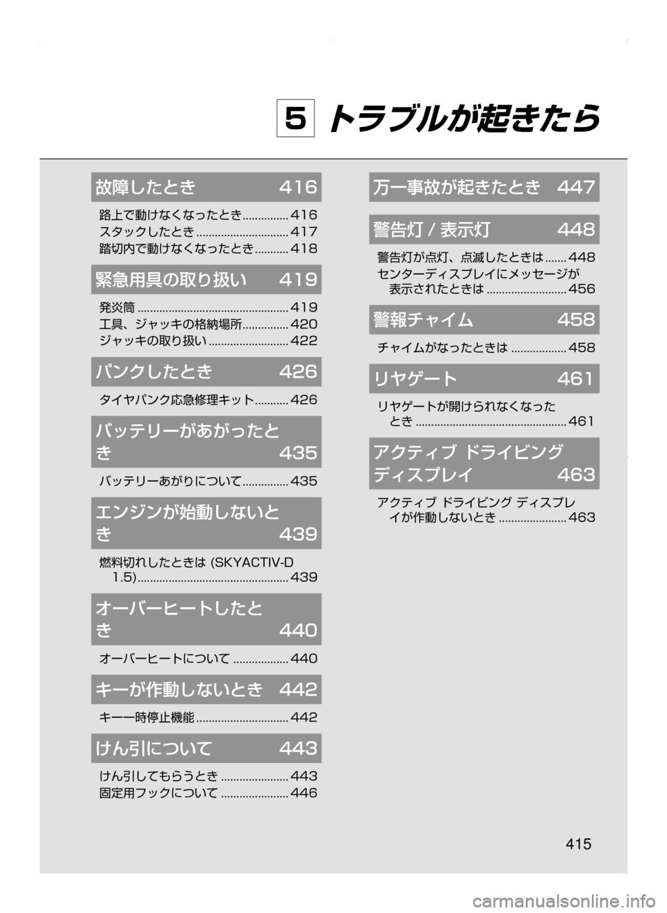 MAZDA MODEL DEMIO 2014  デミオ｜取扱説明書 (in Japanese) 415
5 トラブルが起きたら
故障したとき	 416
路上で動けなくなったとき﻿﻿...............416
スタックしたとき
﻿﻿..............................417
踏切内で