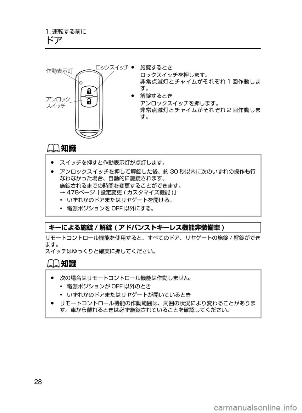 MAZDA MODEL DEMIO 2014  デミオ｜取扱説明書 (in Japanese) 28
1. 運転する前に
ドア
é¿«µ  ¿½
žïé
¿«
µ ¿½
^ˆ
¯Ôn﻿﻿●施錠するとき
ロックスイッチを押します。
非常点滅灯とチャイムが