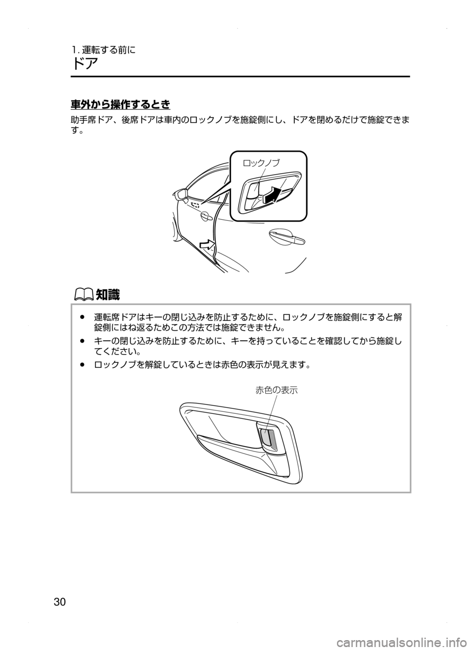 MAZDA MODEL DEMIO 2014  デミオ｜取扱説明書 (in Japanese) 30
1. 運転する前に
ドア
車外から操作するとき
助手席ドア､ 後席ドアは車内のロックノブを施錠側にし､ ドアを閉めるだけで施錠できま
す。
é¿