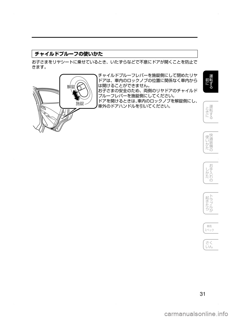 MAZDA MODEL DEMIO 2014  デミオ｜取扱説明書 (in Japanese) 31
運転する
﻿﻿
前に
運転する
﻿﻿
ときに
快適装備の
使いかた
お手入れの
しかた
トラブルが
起きたら
車両
スペック
さく
いん
チャイルドプル