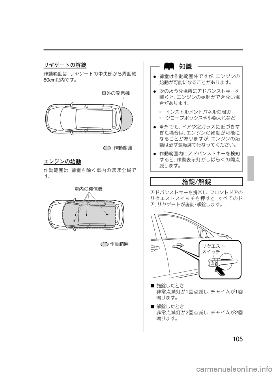 MAZDA MODEL MPV 2008  取扱説明書 (in Japanese) Black plate (105,1)
リヤゲートの解錠
作動範囲は､リヤゲートの中央部から周囲約
80cm以内です。
エンジンの始動
作動範囲は､荷室を除く車内のほぼ全