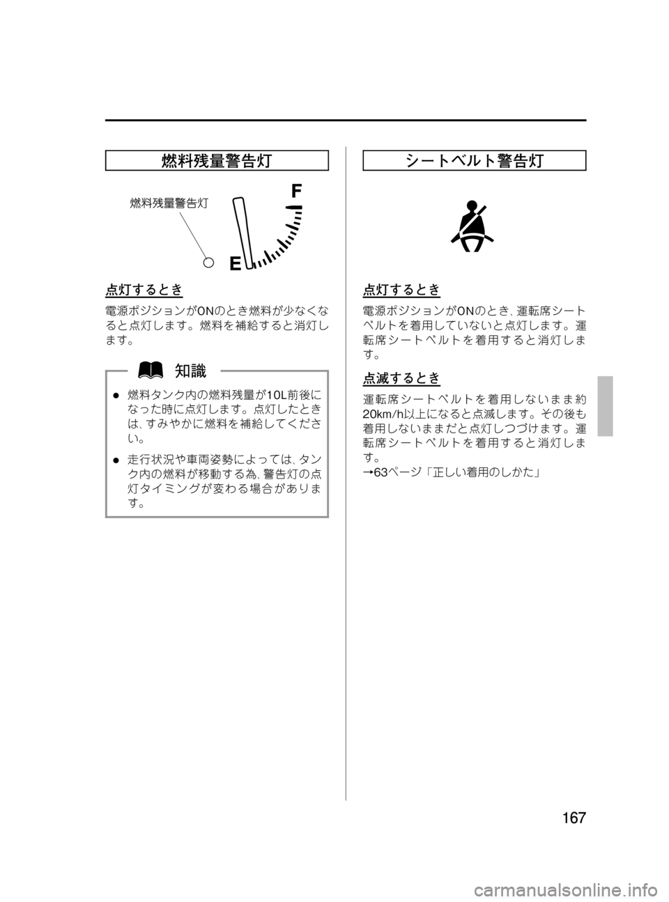 MAZDA MODEL MPV 2008  取扱説明書 (in Japanese) Black plate (167,1)
燃料残量警告灯
点灯するとき
電源ポジションがONのとき燃料が少なくな
ると点灯します。燃料を補給すると消灯し
ます。
l燃料タン