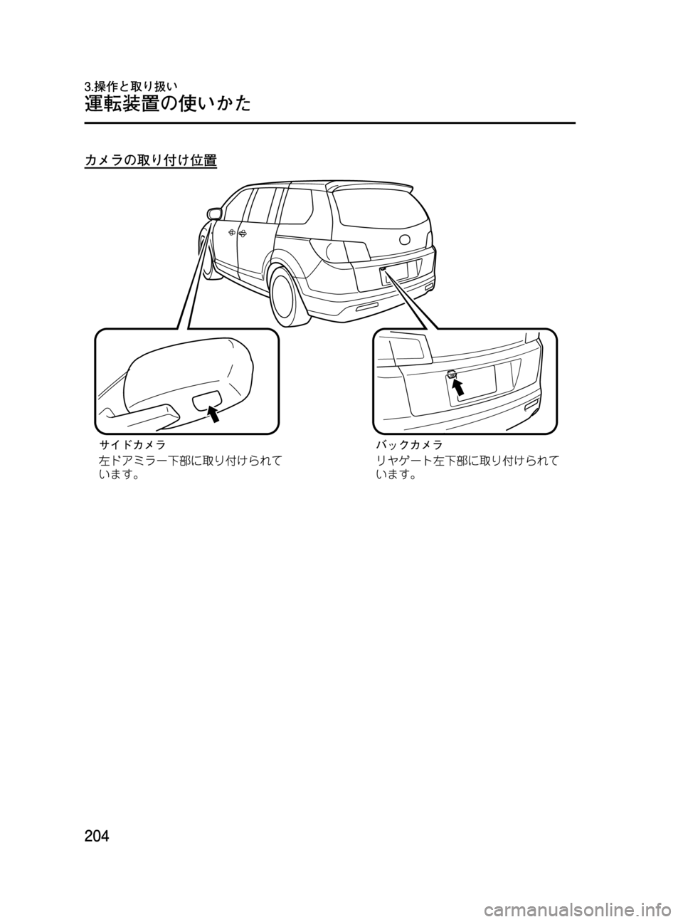 MAZDA MODEL MPV 2008  取扱説明書 (in Japanese) Black plate (204,1)
カメラの取り付け位置
204
MPV_Ｌチ_初版204ページ
2014年7月31日10:40 AM
Form No.Ｌチ
運転装置の使いかた
3.操作と取り扱い 