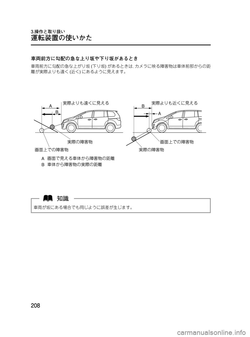 MAZDA MODEL MPV 2008  取扱説明書 (in Japanese) Black plate (208,1)
車両前方に勾配の急な上り坂や下り坂があるとき
車両前方に勾配の急な上がり坂(下り坂)があるときは､カメラに映る障害物は車体前