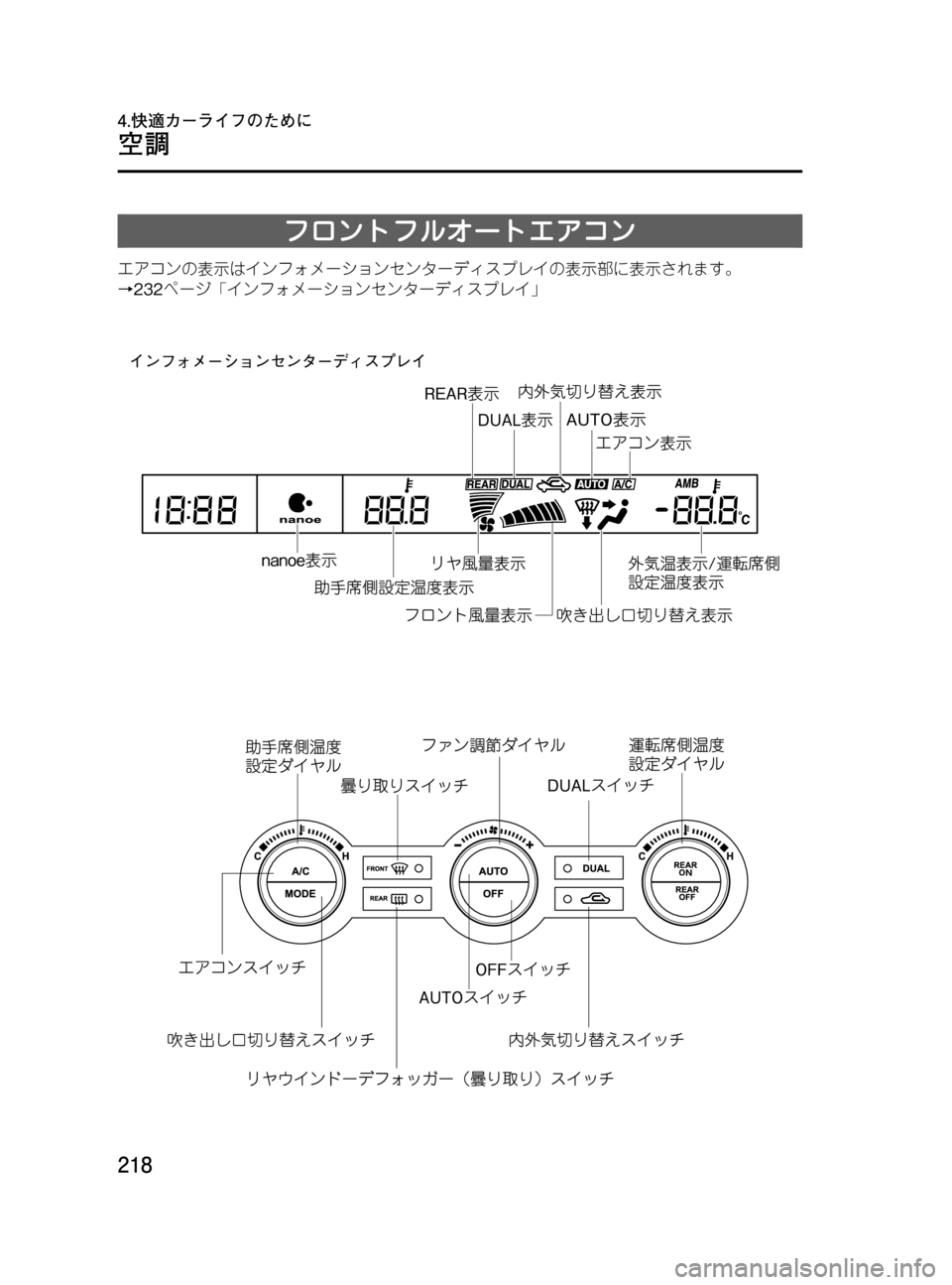 MAZDA MODEL MPV 2008  取扱説明書 (in Japanese) Black plate (218,1)
フロントフルオートエアコン
エアコンの表示はインフォメーションセンターディスプレイの表示部に表示されます。
→232ページ「イ
