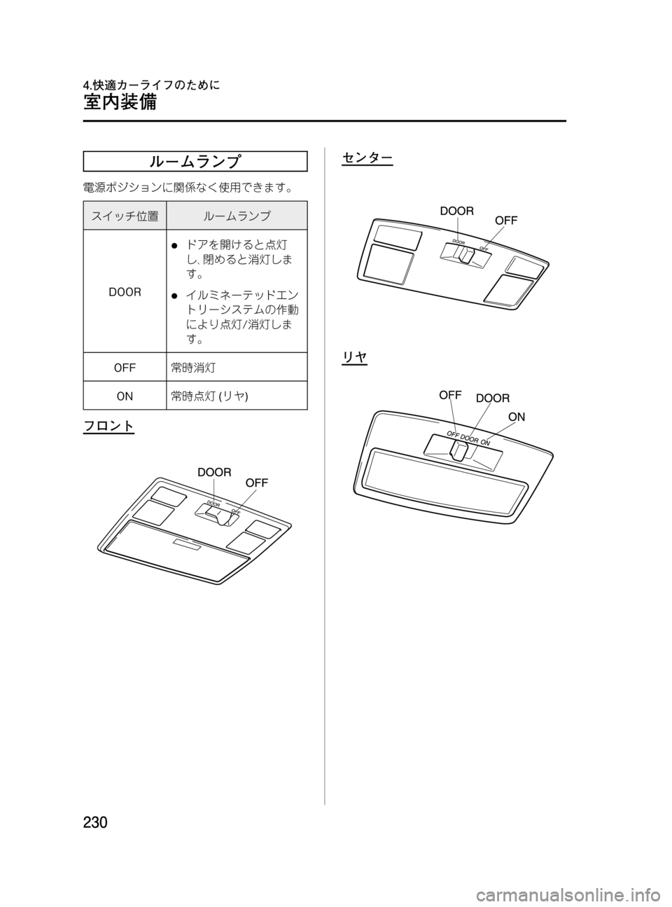 MAZDA MODEL MPV 2008  取扱説明書 (in Japanese) Black plate (230,1)
ルームランプ
電源ポジションに関係なく使用できます。
スイッチ位置ルームランプ
DOOR
lドアを開けると点灯
し､閉めると消灯しま
