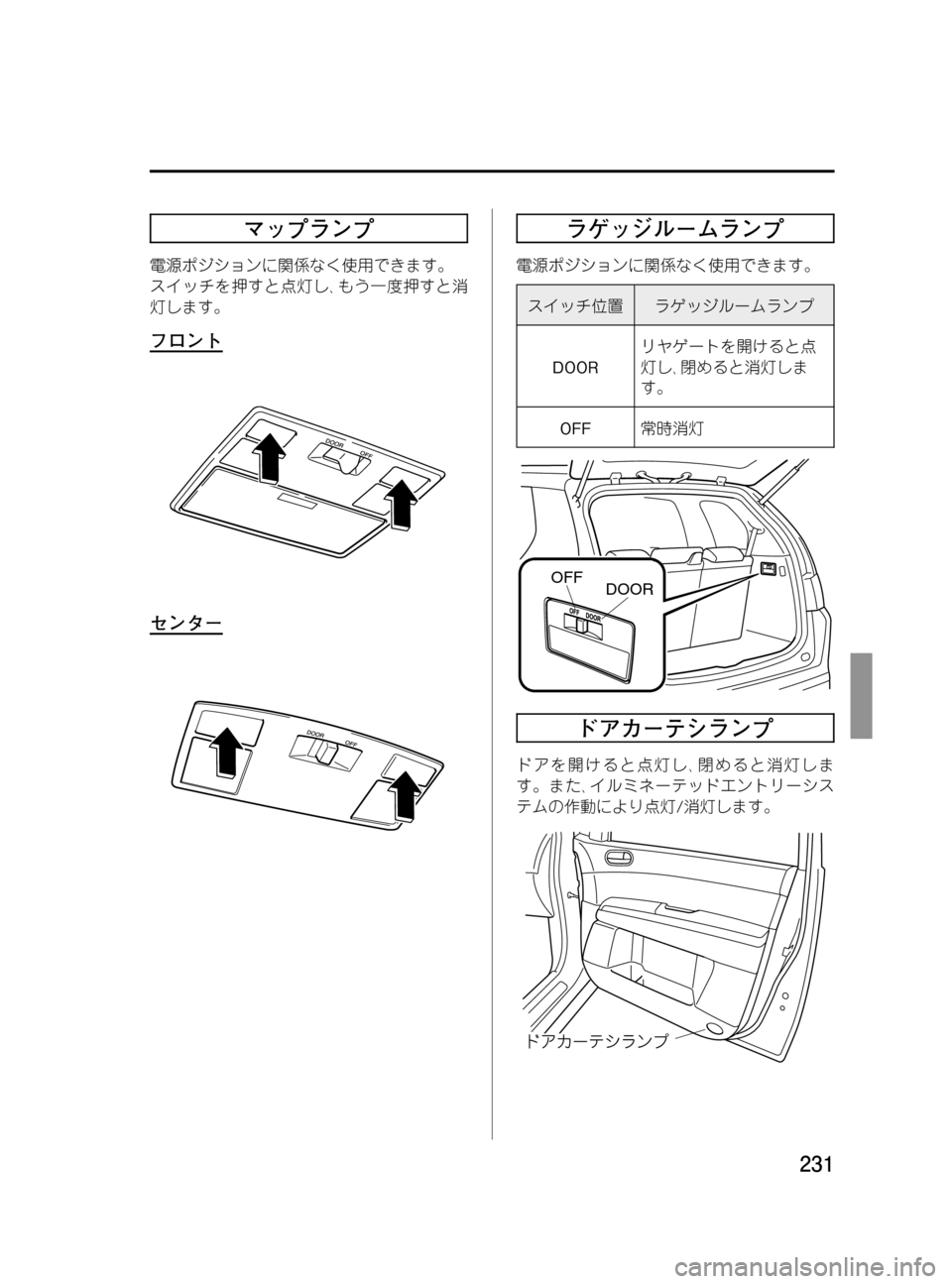 MAZDA MODEL MPV 2008  取扱説明書 (in Japanese) Black plate (231,1)
マップランプ
電源ポジションに関係なく使用できます。
スイッチを押すと点灯し､もう一度押すと消
灯します。
フロント
センター

