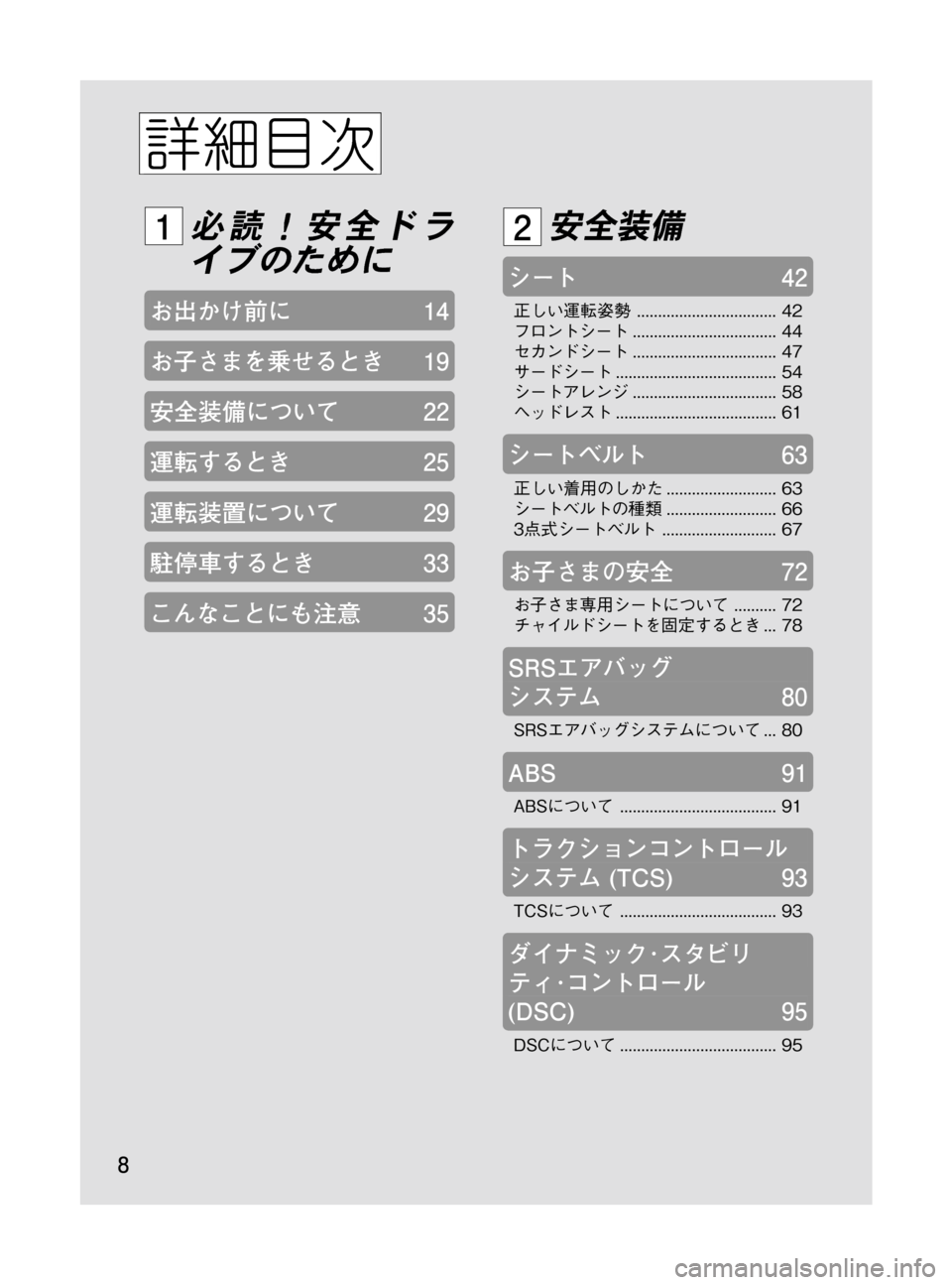 MAZDA MODEL MPV 2008 取扱説明書 (in Japanese) Black plate (8,1)
必読!安全ドラ
イブのために
お出かけ前に14
お子さまを乗せるとき19
安全装備について22
運転するとき25
運転装置について29
駐停車す MAZDA MODEL MPV 2008 取扱説明書 (in Japanese) Black plate (8,1)
必読!安全ドラ
イブのために
お出かけ前に14
お子さまを乗せるとき19
安全装備について22
運転するとき25
運転装置について29
駐停車す