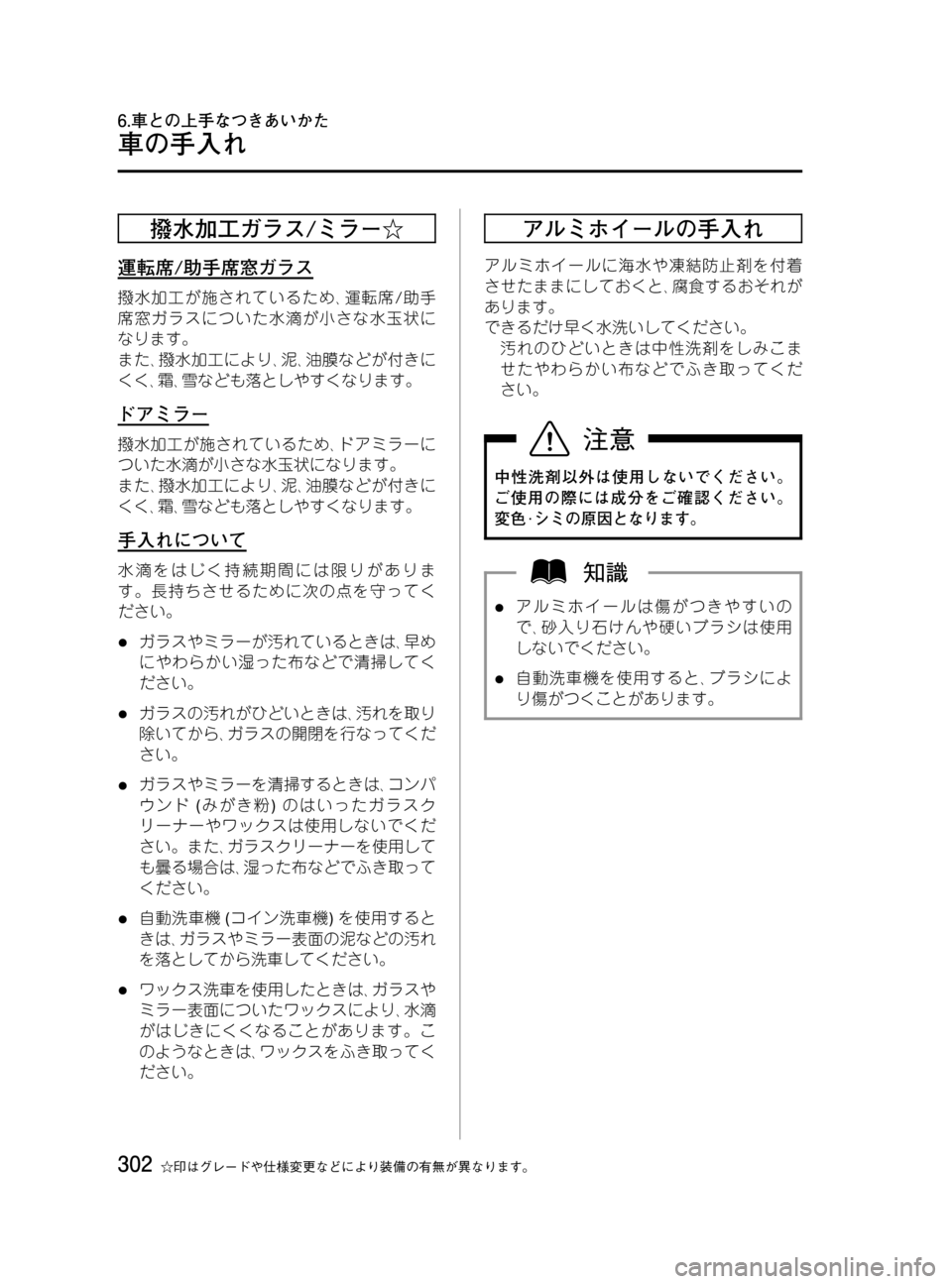 MAZDA MODEL MPV 2008 取扱説明書 (in Japanese) Black plate (302,1)
撥水加工ガラス/ミラー☆
運転席/助手席窓ガラス
撥水加工が施されているため、運転席/助手
席窓ガラスについた水滴が小さな水玉状 MAZDA MODEL MPV 2008 取扱説明書 (in Japanese) Black plate (302,1)
撥水加工ガラス/ミラー☆
運転席/助手席窓ガラス
撥水加工が施されているため、運転席/助手
席窓ガラスについた水滴が小さな水玉状