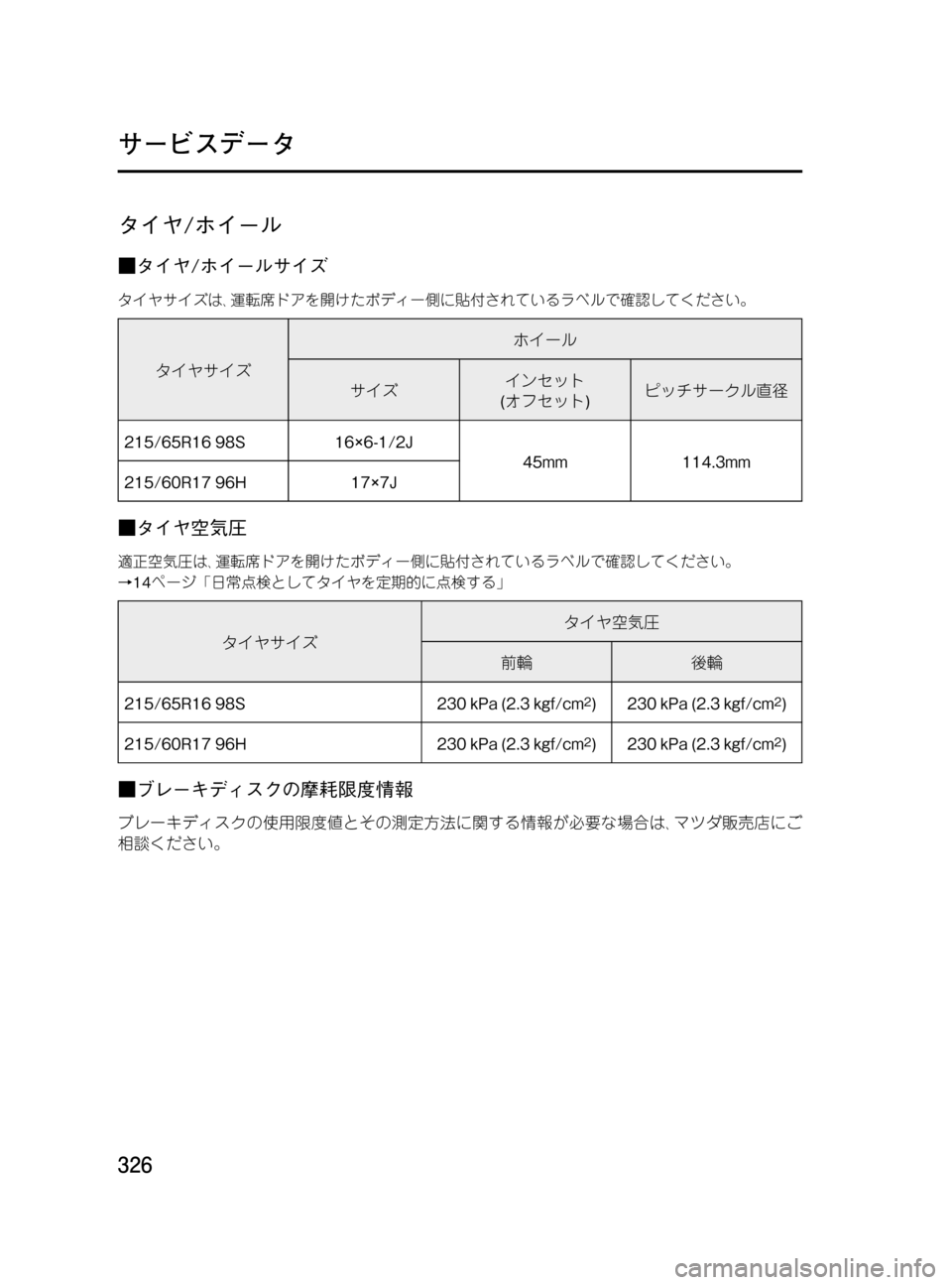 MAZDA MODEL MPV 2008 取扱説明書 (in Japanese) Black plate (326,1)
タイヤ/ホイール
■タイヤ/ホイールサイズ
タイヤサイズは、運転席ドアを開けたボディー側に貼付されているラベルで確認してくだ MAZDA MODEL MPV 2008 取扱説明書 (in Japanese) Black plate (326,1)
タイヤ/ホイール
■タイヤ/ホイールサイズ
タイヤサイズは、運転席ドアを開けたボディー側に貼付されているラベルで確認してくだ