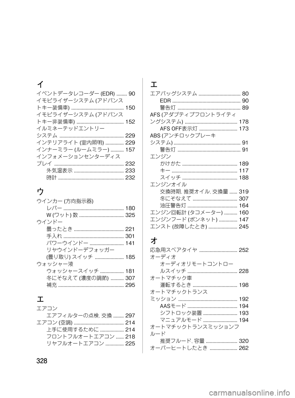 MAZDA MODEL MPV 2008 取扱説明書 (in Japanese) Black plate (328,1)
イ
イベントデータレコーダー(EDR) ........ 90
イモビライザーシステム(アドバンス
トキー装備車) ........................................ 150
イモ MAZDA MODEL MPV 2008 取扱説明書 (in Japanese) Black plate (328,1)
イ
イベントデータレコーダー(EDR) ........ 90
イモビライザーシステム(アドバンス
トキー装備車) ........................................ 150
イモ