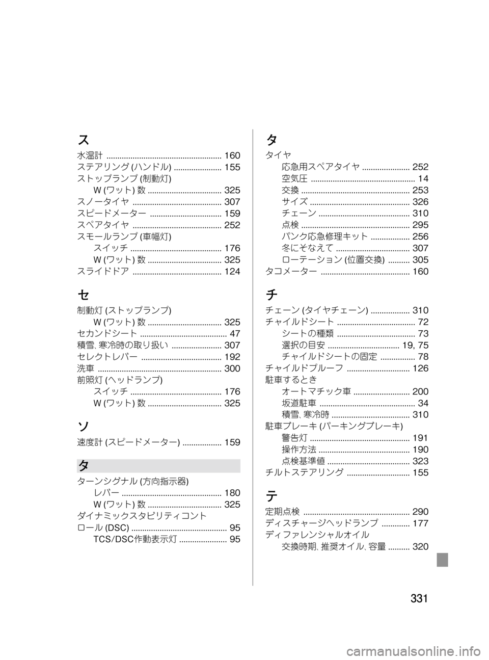 MAZDA MODEL MPV 2008 取扱説明書 (in Japanese) Black plate (331,1)
ス
水温計..................................................... 160
ステアリング(ハンドル) ...................... 155
ストップランプ(制動灯)
W(ワット)数. MAZDA MODEL MPV 2008 取扱説明書 (in Japanese) Black plate (331,1)
ス
水温計..................................................... 160
ステアリング(ハンドル) ...................... 155
ストップランプ(制動灯)
W(ワット)数.