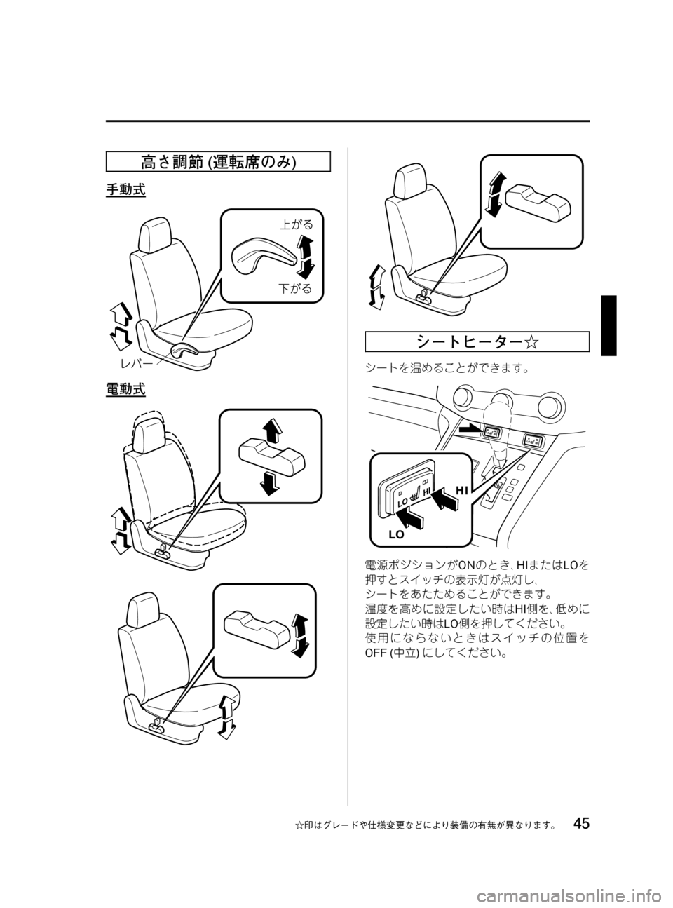 MAZDA MODEL MPV 2008  取扱説明書 (in Japanese) Black plate (45,1)
高さ調節(運転席のみ)
手動式
電動式
シートヒーター☆
シートを温めることができます。
電源ポジションがONのとき､HIまたはLOを
押