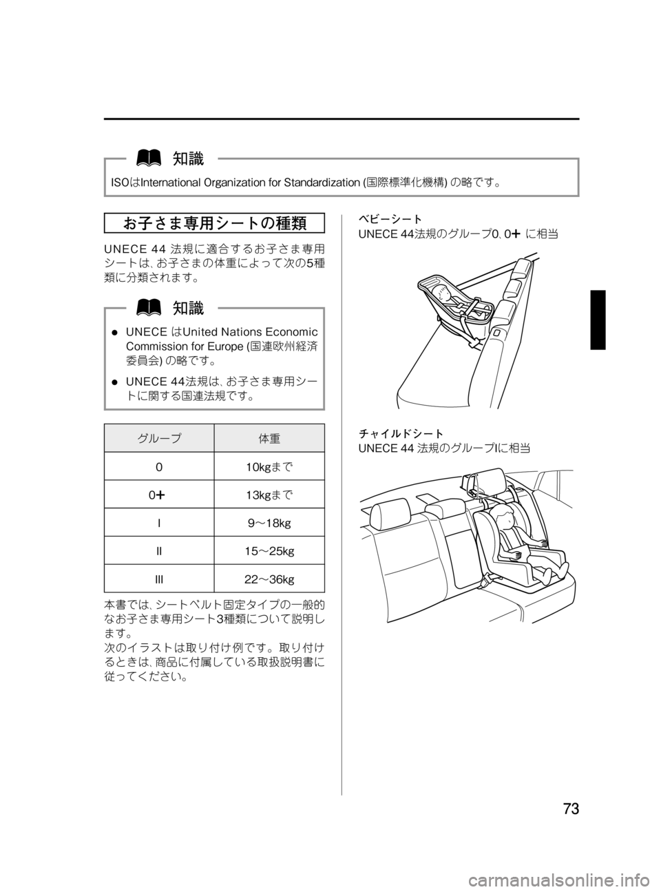 MAZDA MODEL MPV 2008  取扱説明書 (in Japanese) Black plate (73,1)
ISOはInternational Organization for Standardization (国際標準化機構)の略です。
お子さま専用シートの種類
UNECE 44法規に適合するお子さま専用
シ