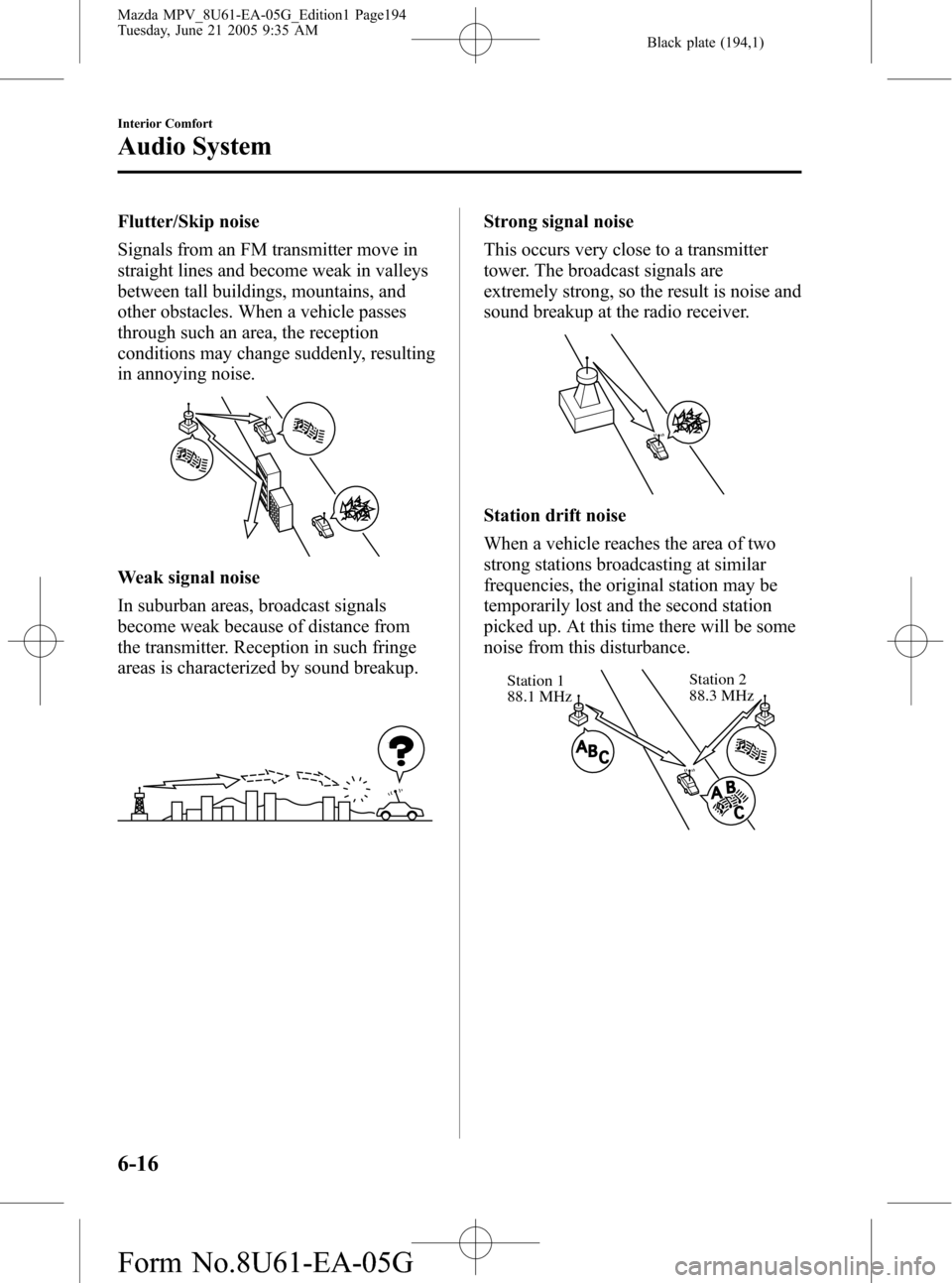 MAZDA MODEL MPV 2006  Owners Manual (in English) Black plate (194,1)
Flutter/Skip noise
Signals from an FM transmitter move in
straight lines and become weak in valleys
between tall buildings, mountains, and
other obstacles. When a vehicle passes
th