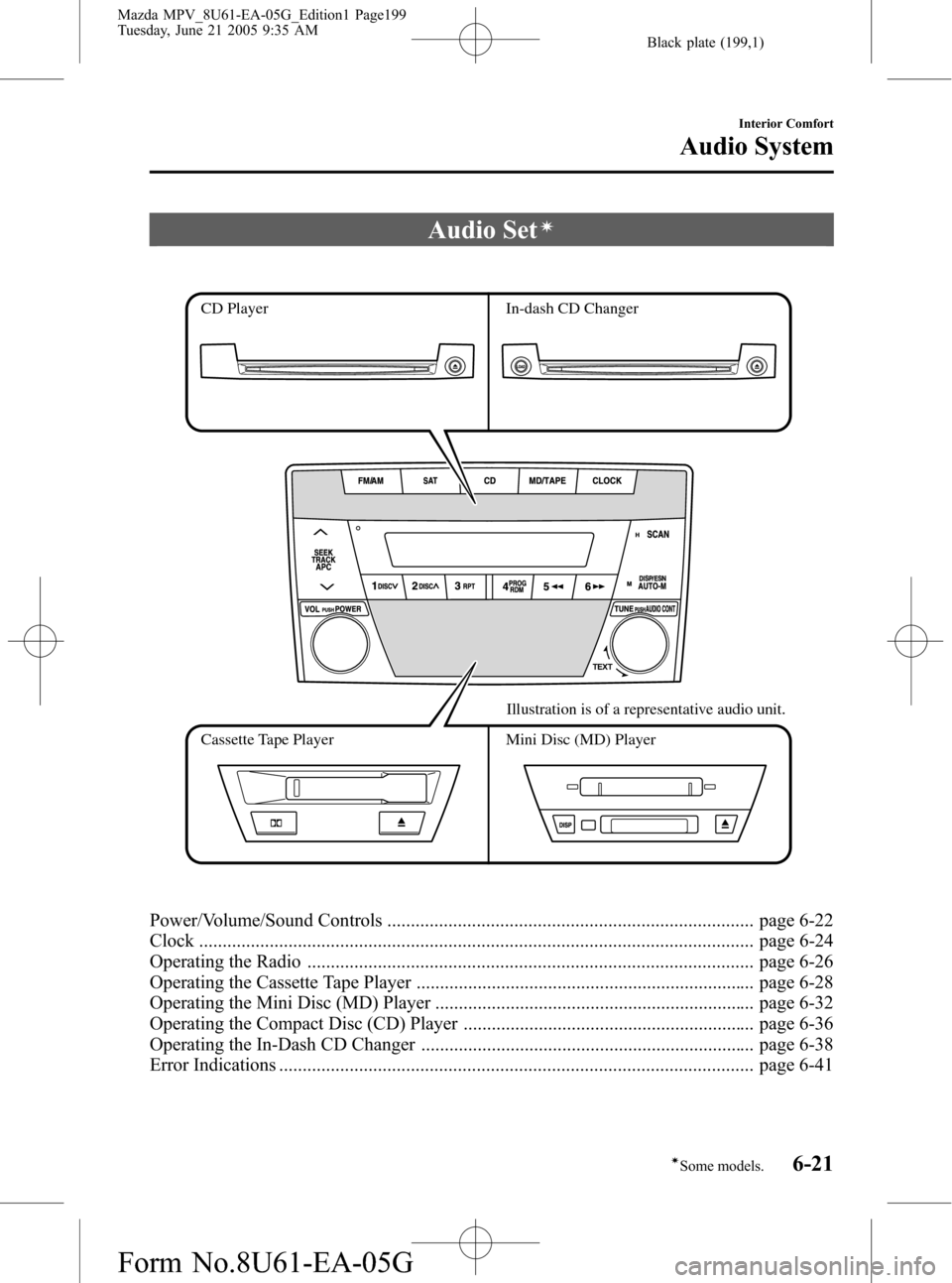 MAZDA MODEL MPV 2006  Owners Manual (in English) Black plate (199,1)
Audio Setí
CD Player In-dash CD Changer
Cassette Tape Player Mini Disc (MD) PlayerIllustration is of a representative audio unit.
Power/Volume/Sound Controls .....................