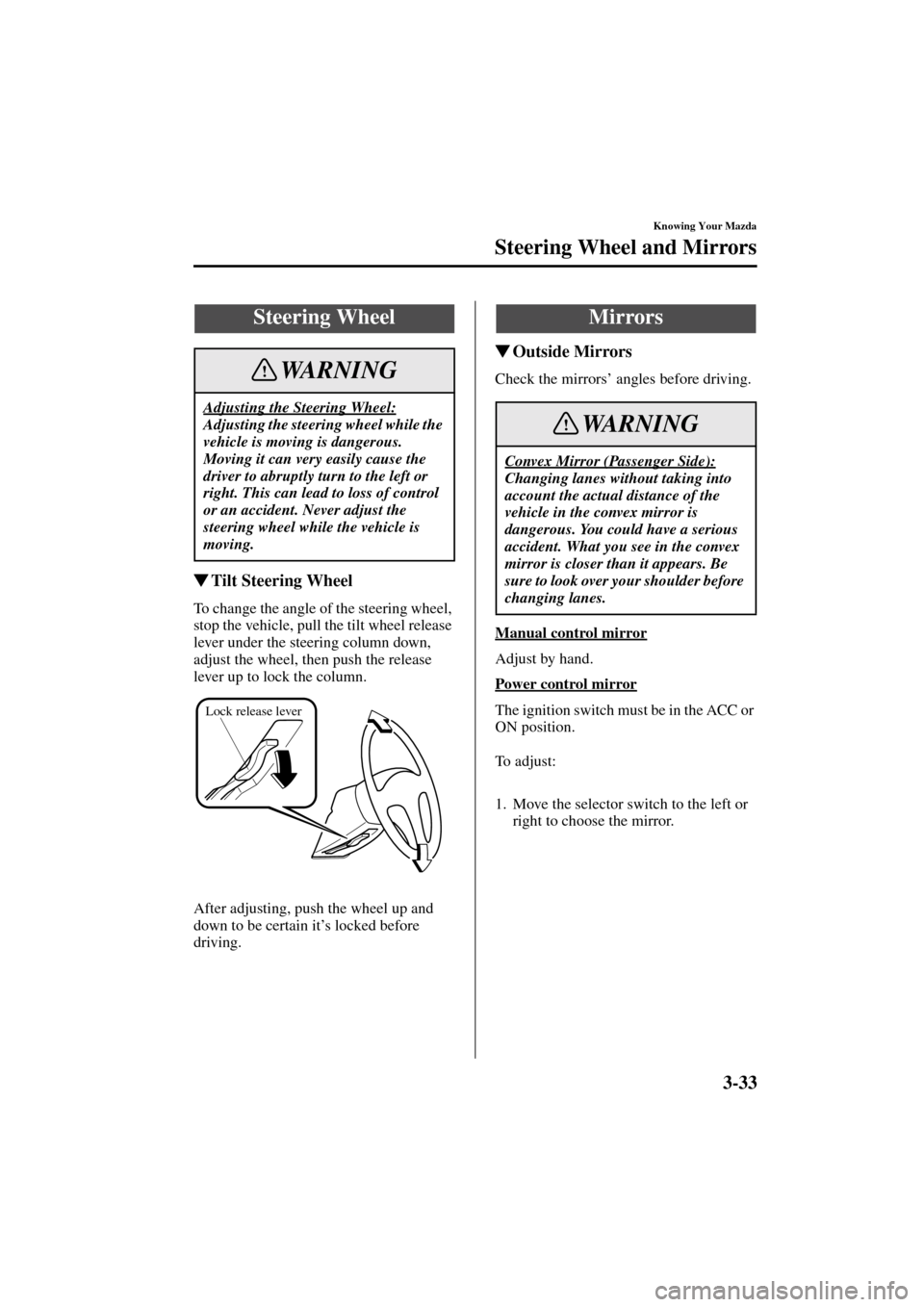 MAZDA MODEL MPV 2004  Owners Manual (in English) 3-33
Knowing Your Mazda
Form No. 8S06-EA-03H
Steering Wheel and Mirrors
Tilt Steering Wheel
To change the angle of the steering wheel, 
stop the vehicle, pull the tilt wheel release 
lever under the 