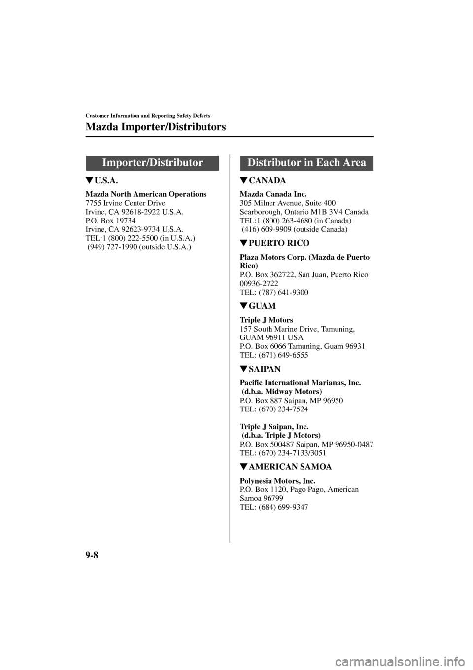 MAZDA MODEL MPV 2004  Owners Manual (in English) 9-8
Customer Information and Reporting Safety Defects
Form No. 8S06-EA-03H
Mazda Importer/Distributors
U. S . A .
Mazda North American Operations
7755 Irvine Center Drive
Irvine, CA 92618-2922 U.S.A.