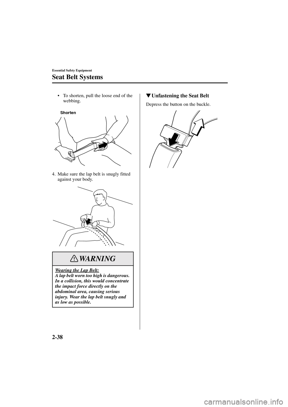 MAZDA MODEL MPV 2004   (in English) Service Manual 2-38
Essential Safety Equipment
Seat Belt Systems
Form No. 8S06-EA-03H
To shorten, pull the loose end of the 
webbing.
4. Make sure the lap belt is snugly fitted 
against your body.Unfastening the S