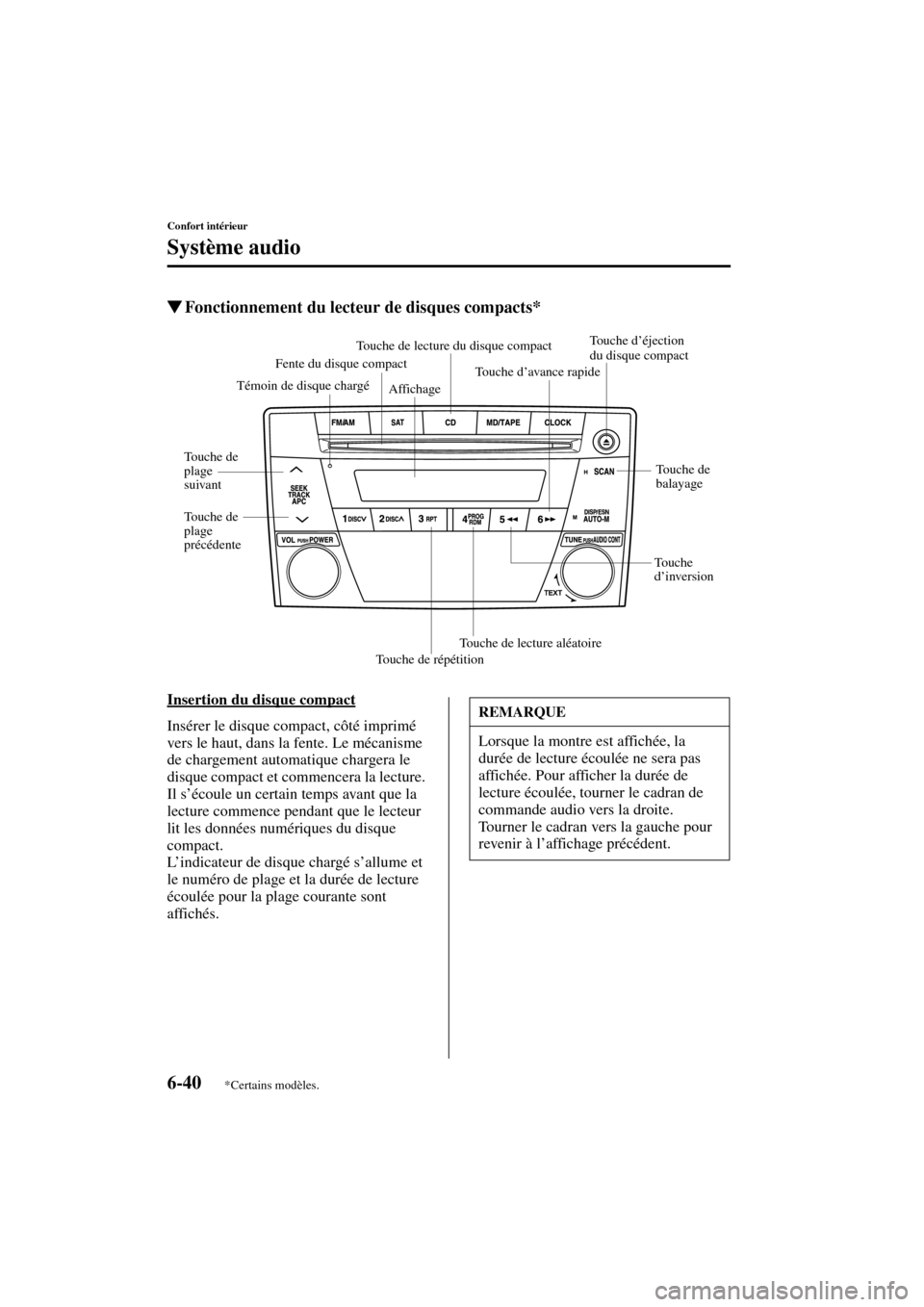 MAZDA MODEL MPV 2004  Manuel du propriétaire (in French) 6-40
Confort intérieur
Système audio
Form No. 8S07-EC-03H-F
Fonctionnement du lecteur de disques compacts*
Insertion du disque compact
Insérer le disque compact, côté imprimé 
vers le haut, dan