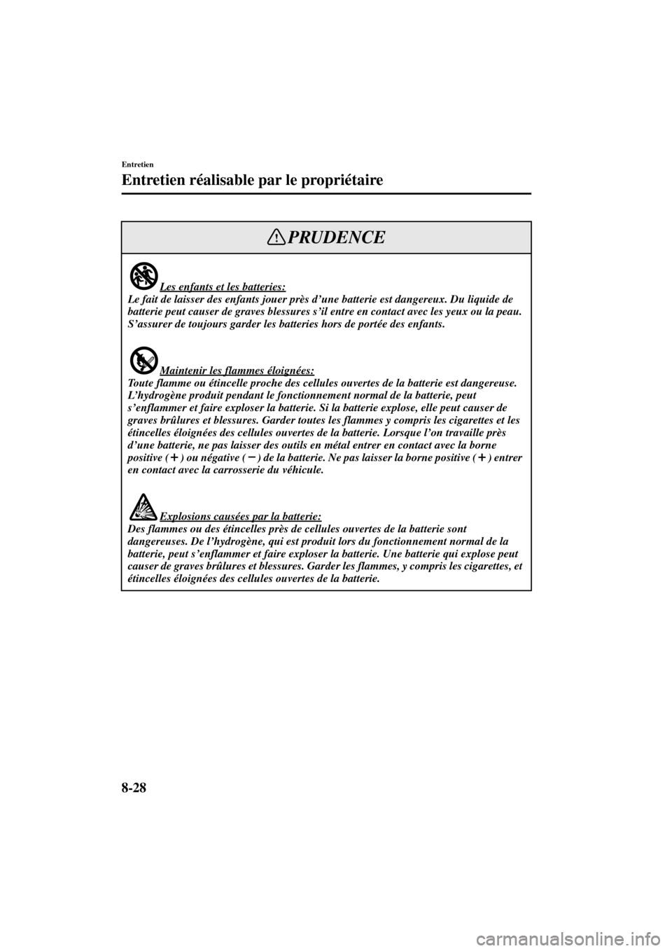 MAZDA MODEL MPV 2004  Manuel du propriétaire (in French) 8-28
Entretien
Entretien réalisable par le propriétaire
Form No. 8S07-EC-03H-F
Les enfants et les batteries:
Le fait de laisser des enfants jouer près d’une batterie est dangereux. Du liquide de 