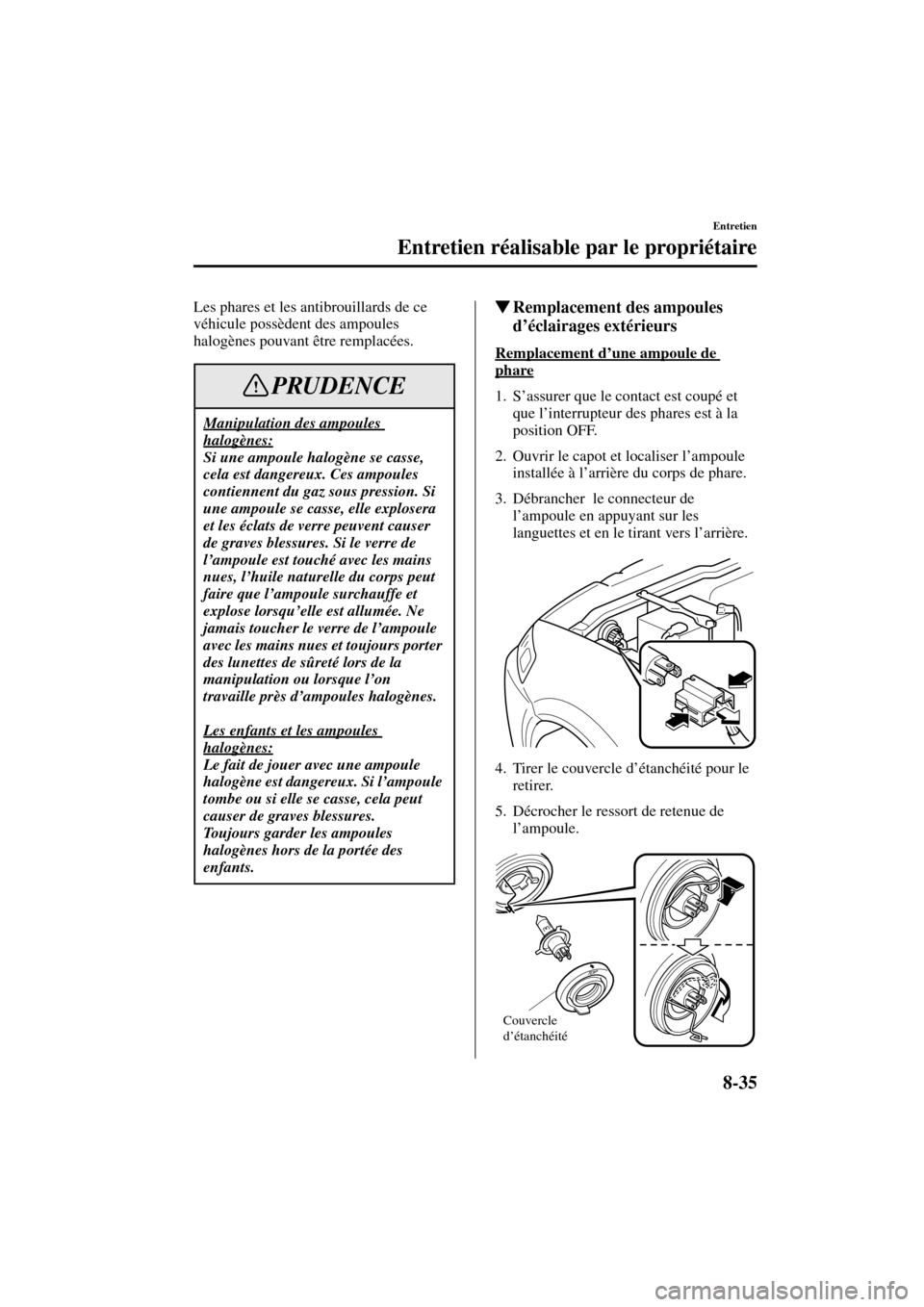 MAZDA MODEL MPV 2004  Manuel du propriétaire (in French) 8-35
Entretien
Entretien réalisable par le propriétaire
Form No. 8S07-EC-03H-F
Les phares et les antibrouillards de ce 
véhicule possèdent des ampoules 
halogènes pouvant être remplacées.Rempl