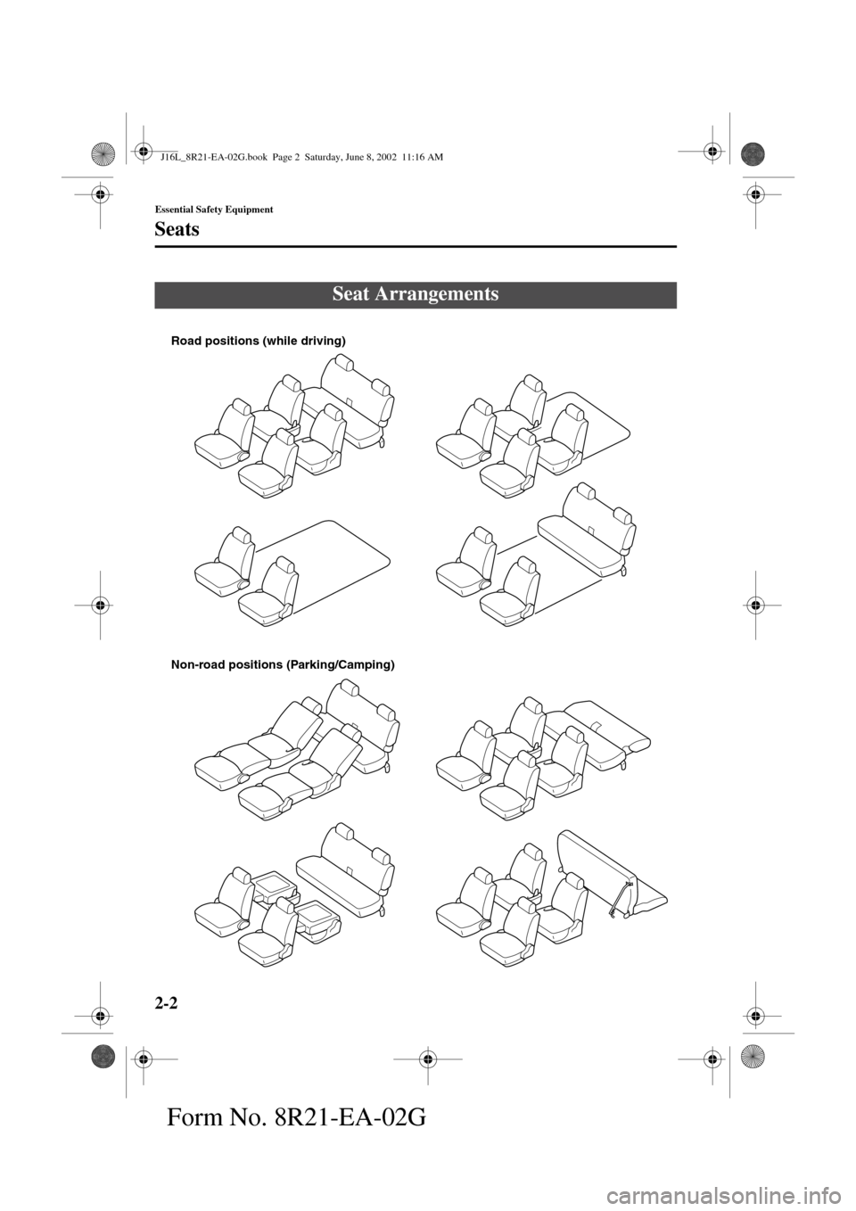 MAZDA MODEL MPV 2003   (in English) User Guide 2-2
Essential Safety Equipment
Form No. 8R21-EA-02G
Seats
Seat Arrangements
Road positions (while driving)
Non-road positions (Parking/Camping)
J16L_8R21-EA-02G.book  Page 2  Saturday, June 8, 2002  1