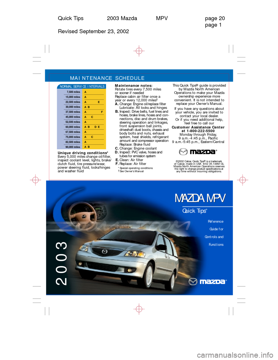 MAZDA MODEL MPV 2003  Quick Tips (in English) Quick Tips 2003 Mazda MPV page 20
page 1
Revised September 23, 2002
MAINTENANCE SCHEDULE 
Maintenance notes:
Rotate tires every 7,500 miles 
o r  sooner if needed
Replace cabin air filter once a 
year