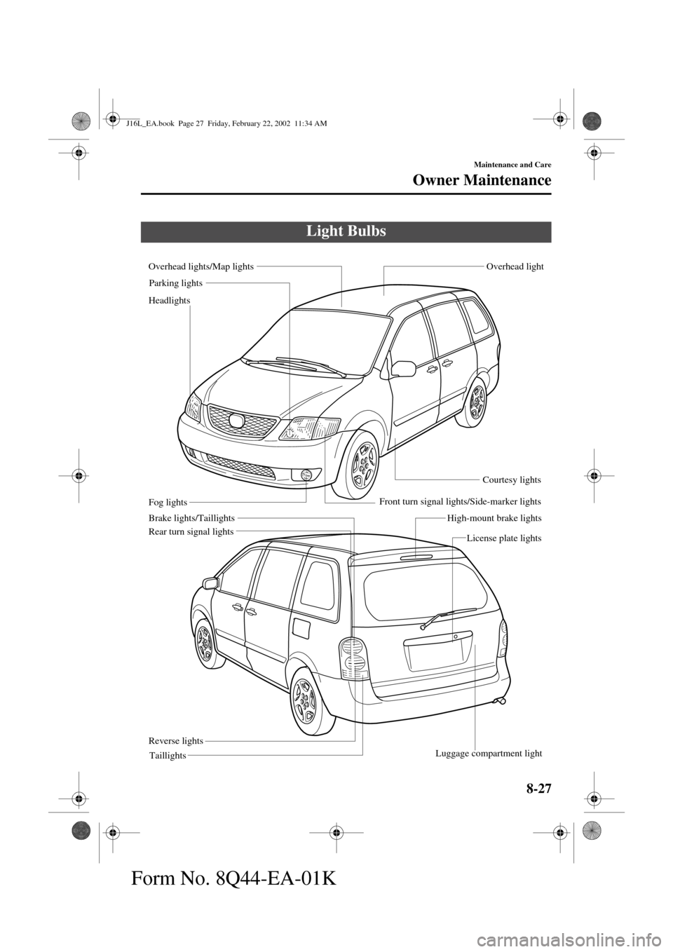 MAZDA MODEL MPV 2002  Owners Manual (in English) 8-27
Maintenance and Care
Owner Maintenance
Form No. 8Q44-EA-01K
Light Bulbs
Rear turn signal lights
Reverse lights
TaillightsLicense plate lights
Luggage compartment lightOverhead light
Brake lights/