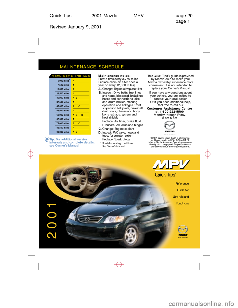 MAZDA MODEL MPV 2001  Quick Tips (in English) Quick Tips 2001 Mazda MPV page 20
page 1
Revised January 9, 2001
MAINTENANCE SCHEDULE 
Maintenance notes:
Rotate tires every 3,750 miles
Replace cabin air filter once a 
year or every 12,000 miles
†