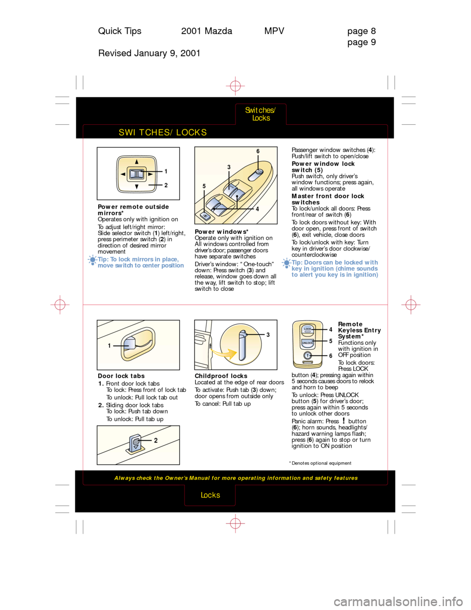 MAZDA MODEL MPV 2001  Quick Tips (in English) SWITCHES/LOCKS
Always check the Owner’s Manual for more operating information and safety features 
Switches/
Locks
Locks
Quick Tips 2001 Mazda MPV page 8
page 9
Revised January 9, 2001
Childproof lo