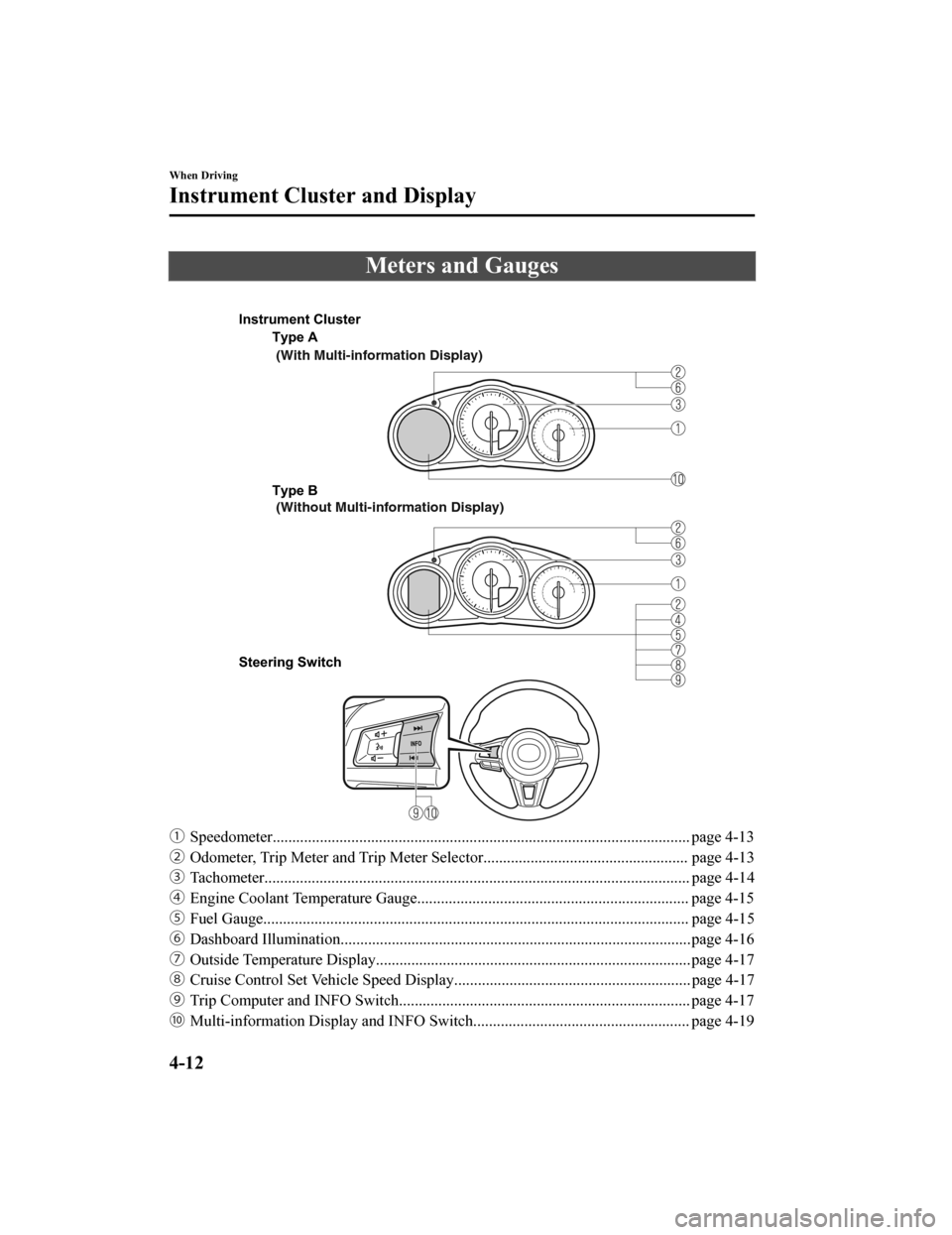 MAZDA MODEL MX-5 2020  Owners Manual (in English) Meters and Gauges
 
Type A
Type B 
Steering Switch  (With Multi-information Display)
 (Without Multi-information Display)
Instrument Cluster
ƒ
Speedometer............................................