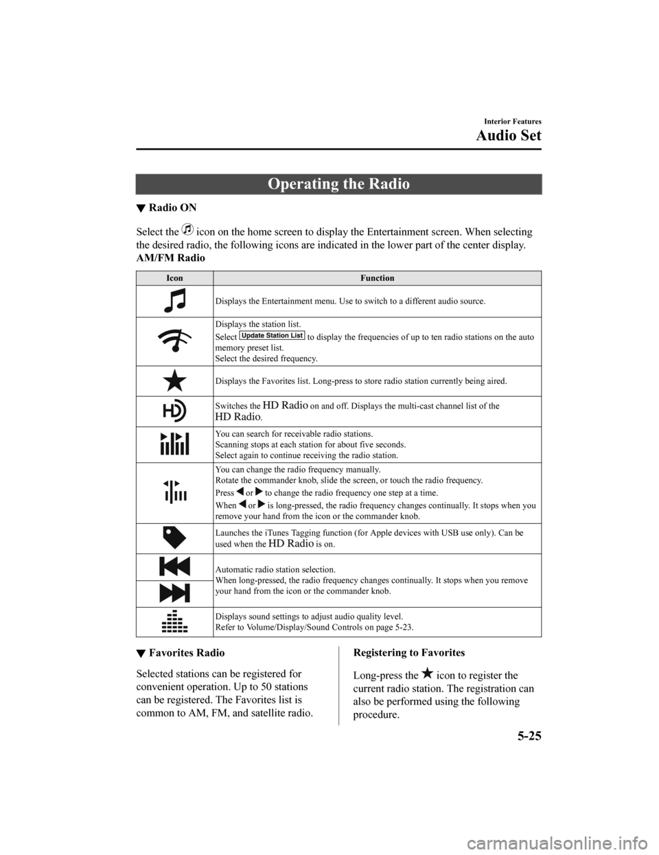 MAZDA MODEL MX-5 2020 (in English) Repair Manual Operating the Radio
▼Radio ON
Select the icon on the home screen to display the Entertainment screen. When selecting
the desired radio, the following icons are indicated in the low er part of the c MAZDA MODEL MX-5 2020 (in English) Repair Manual Operating the Radio
▼Radio ON
Select the icon on the home screen to display the Entertainment screen. When selecting
the desired radio, the following icons are indicated in the low er part of the c
