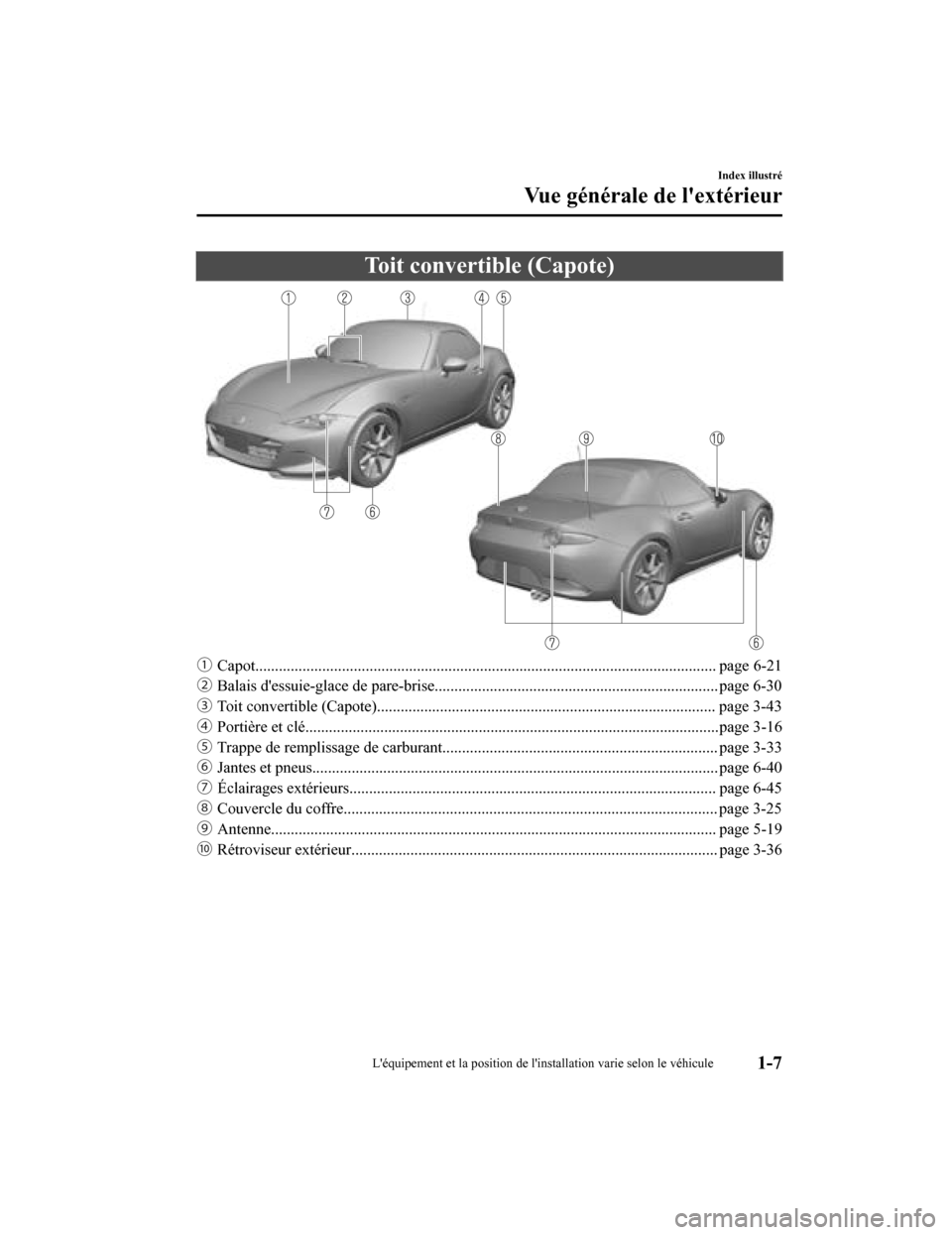 MAZDA MODEL MX-5 2020  Manuel du propriétaire (in French) Toit convertible (Capote)
ƒCapot..................................................................................................................... page  6-21
„ Balais dessuie-glace de pa re-b