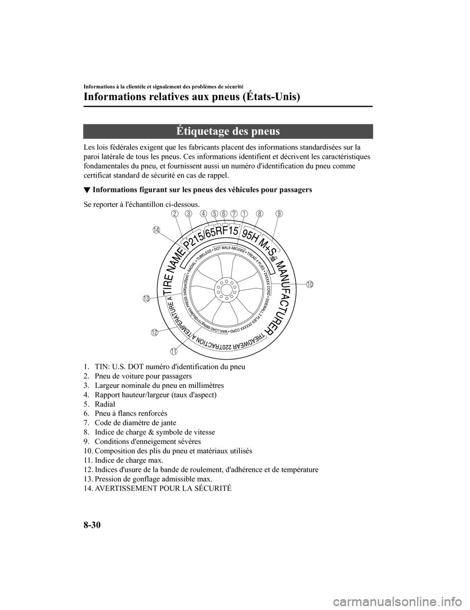 MAZDA MODEL MX-5 2020  Manuel du propriétaire (in French) Étiquetage des pneus
Les lois fédérales exigent que les fabricants placent des informations standardisées sur la
paroi latérale de tous les pneus . Ces informations identifient et décrivent les 