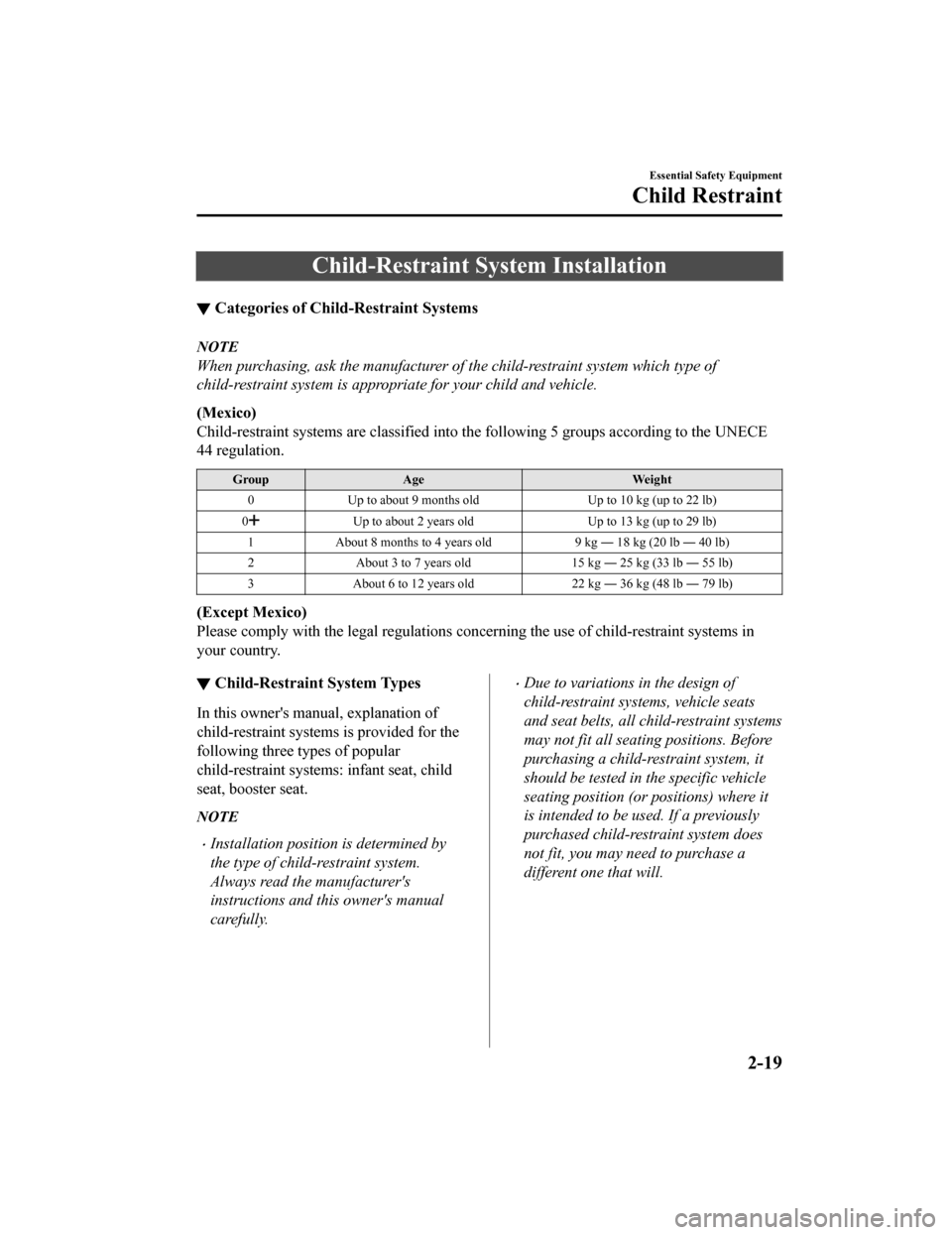 MAZDA MODEL MX-5 2018 (in English) Owners Guide Child-Restraint System Installation
▼Categories of Child-Restraint Systems
NOTE
When purchasing, ask the manufacturer of the child-restraint system which type of
child-restraint system is appropriat MAZDA MODEL MX-5 2018 (in English) Owners Guide Child-Restraint System Installation
▼Categories of Child-Restraint Systems
NOTE
When purchasing, ask the manufacturer of the child-restraint system which type of
child-restraint system is appropriat